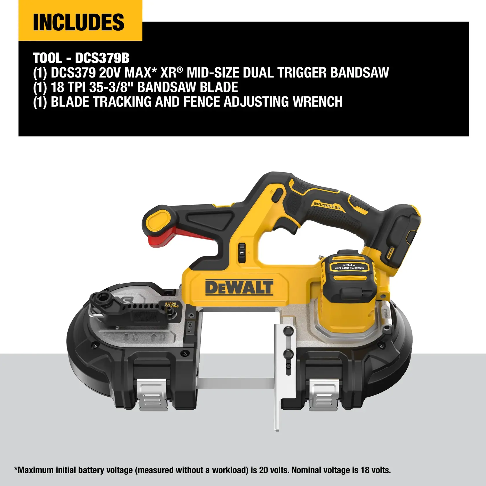 Image of a DEWALT DCS379B 20V MAX XR mid-size dual trigger bandsaw. The tool is shown with features including an 18 TPI 35-3/8 inch bandsaw blade, and a blade tracking and fence adjusting wrench. Package contents are highlighted above the tool.