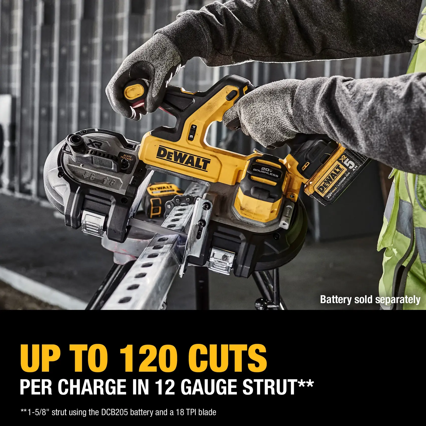 A DEWALT cordless band saw is being used by a person wearing work gloves, cutting through a metal strut. The text on the image highlights the tool can deliver up to 120 cuts per charge in 12 gauge strut. The battery is sold separately.