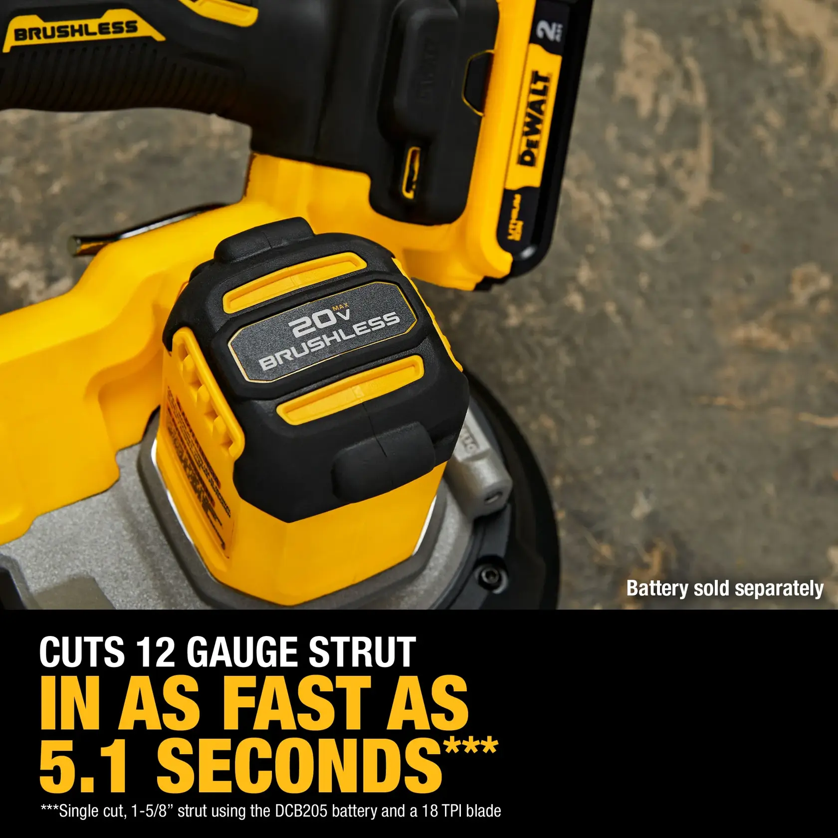 Close-up image of a DEWALT 20V brushless power tool, showing its battery and part of its handle. Text on the image highlights its ability to cut 12 gauge strut in as fast as 5.1 seconds. Battery is sold separately.