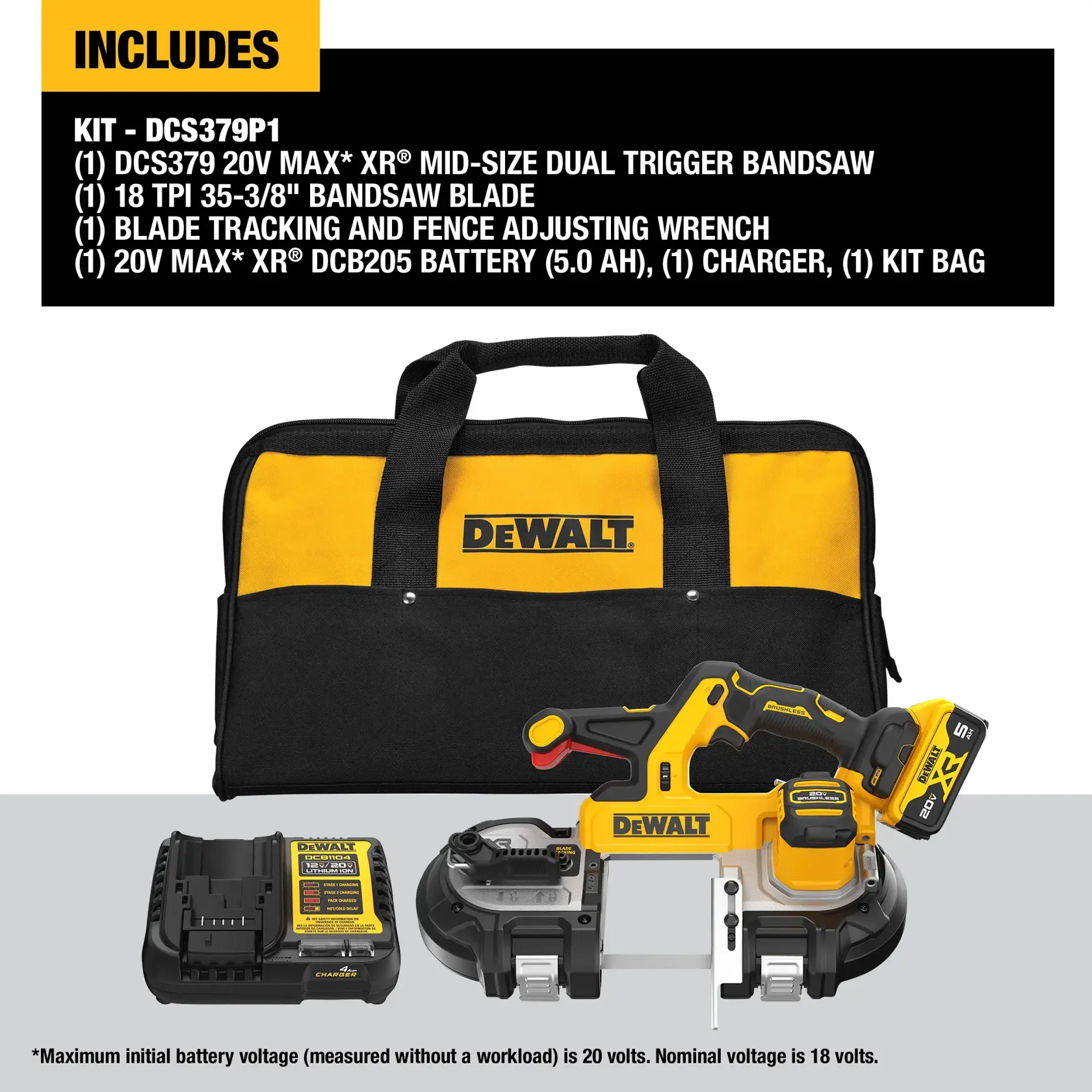 Carousel graphic of DEWALT 20V* XR® Mid-Size Dual Trigger Bandsaw with 5AH Battery on white background detailing what the kit includes.