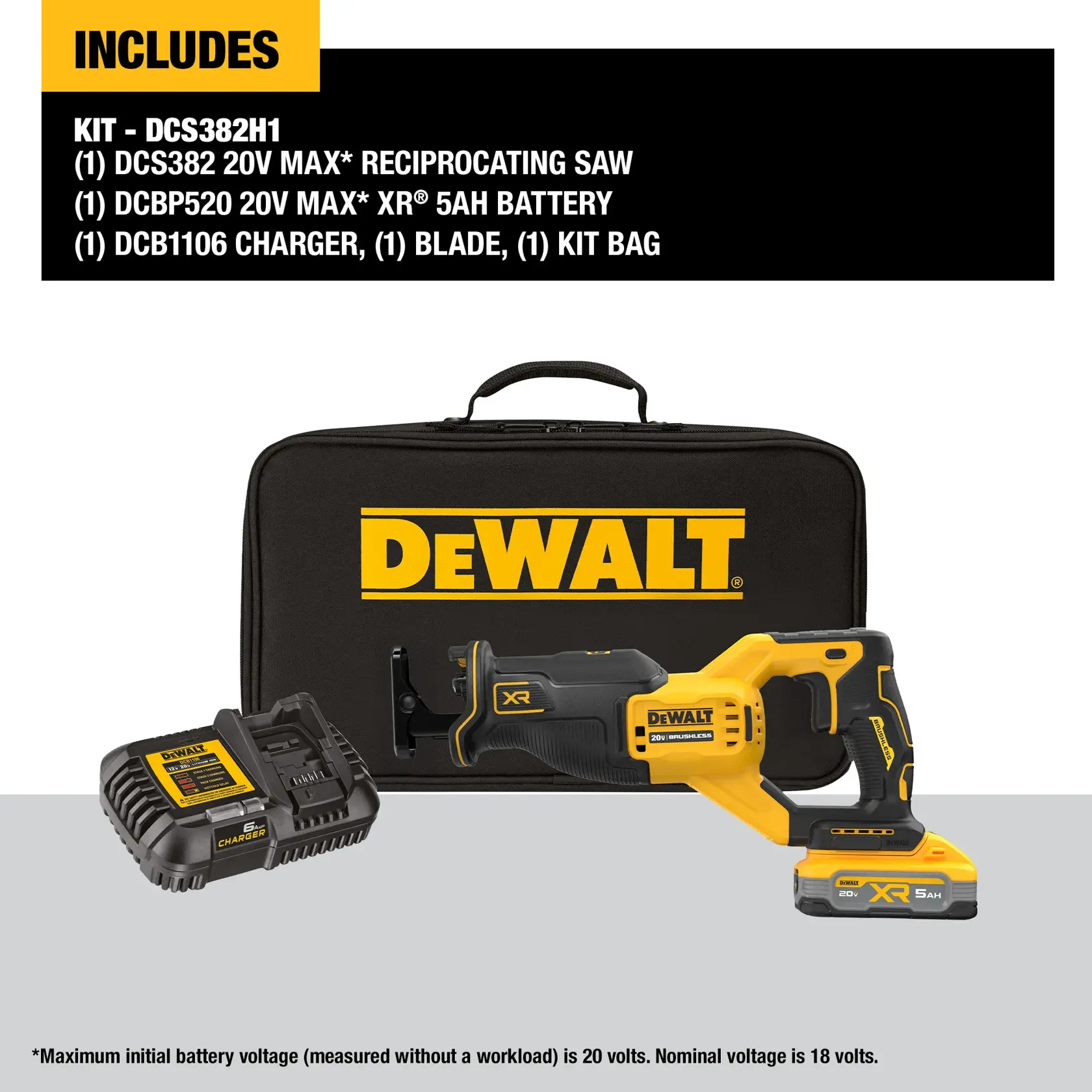 Reciprocating saw bag charger and DEWALT POWERSTACK five amp hour battery with blue starlight behind tool