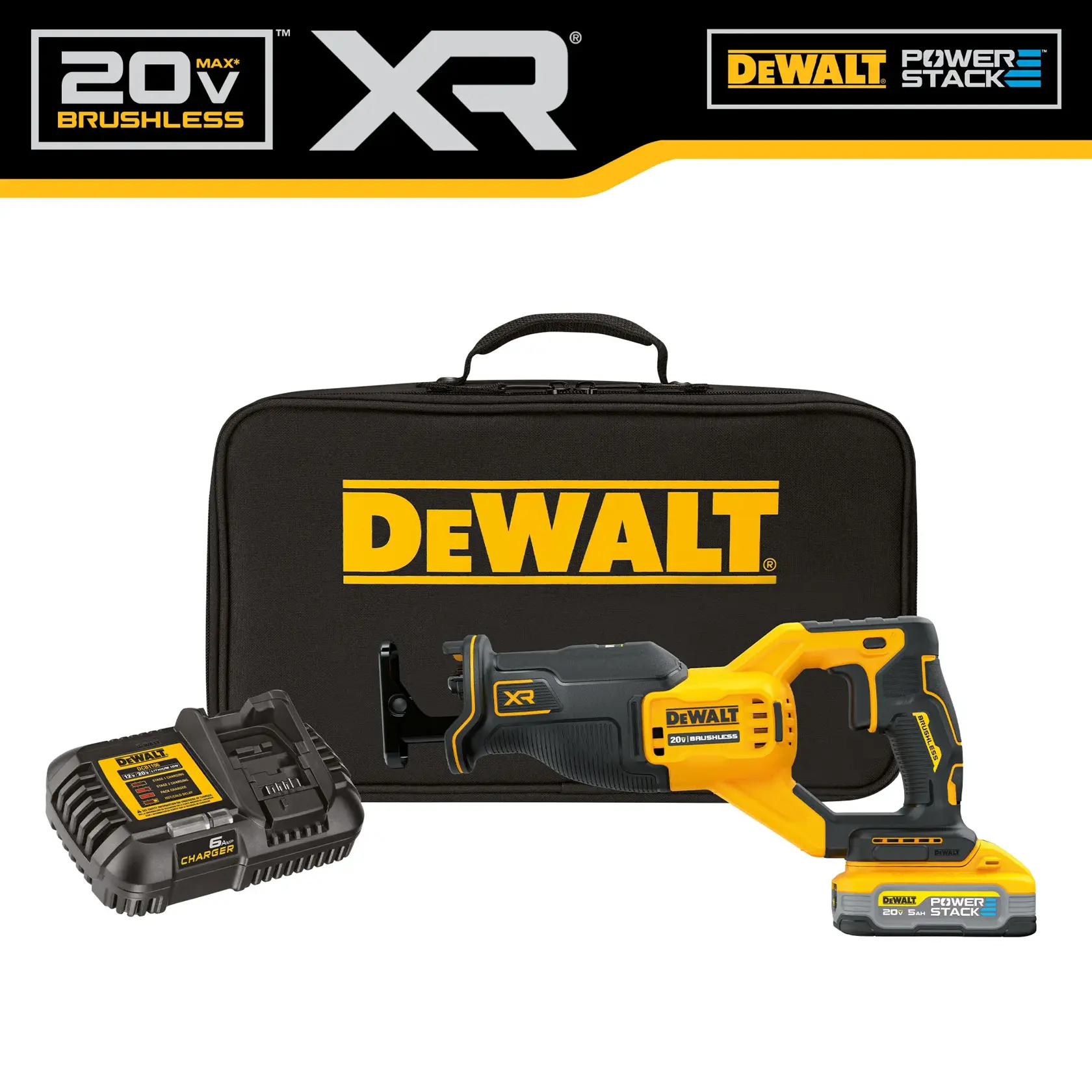 XR Reciprocating saw  bag charger and DEWALT POWERSTACK five amp hour battery