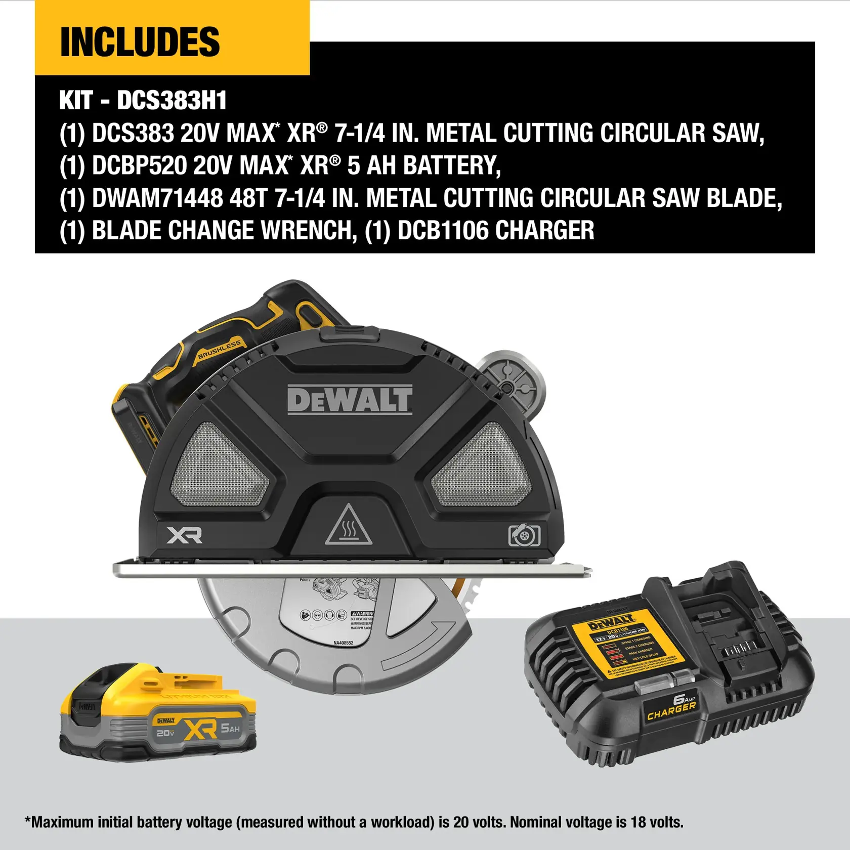 20V MAX* XR® BRUSHLESS Metal Cutting Circular Saw Kit highlighting what includes