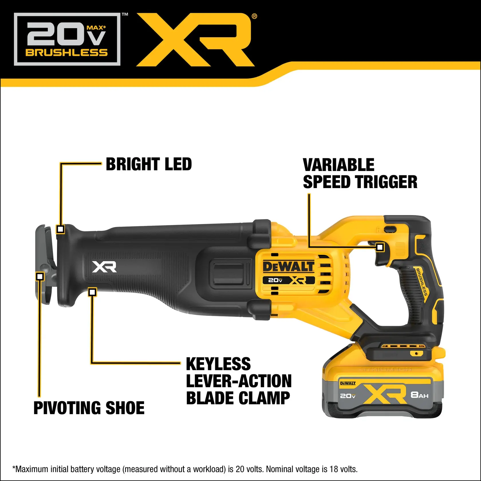 User cutting into wood material using the DCS384 reciprocating saw framing application with XR POWERPACK battery