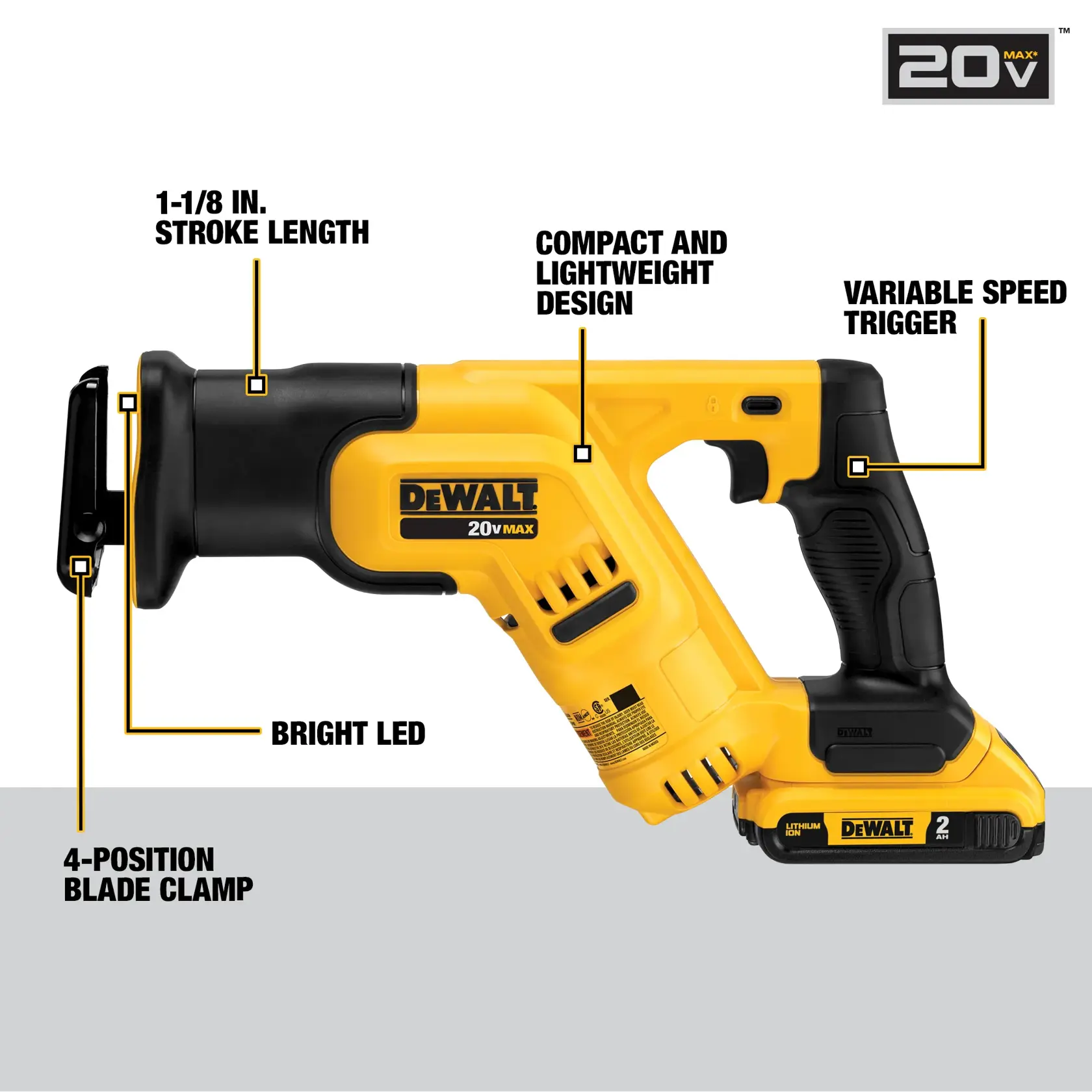 DEWALT® 20V MAX Compact Cordless Reciprocating Saw Kit (2.0Ah)