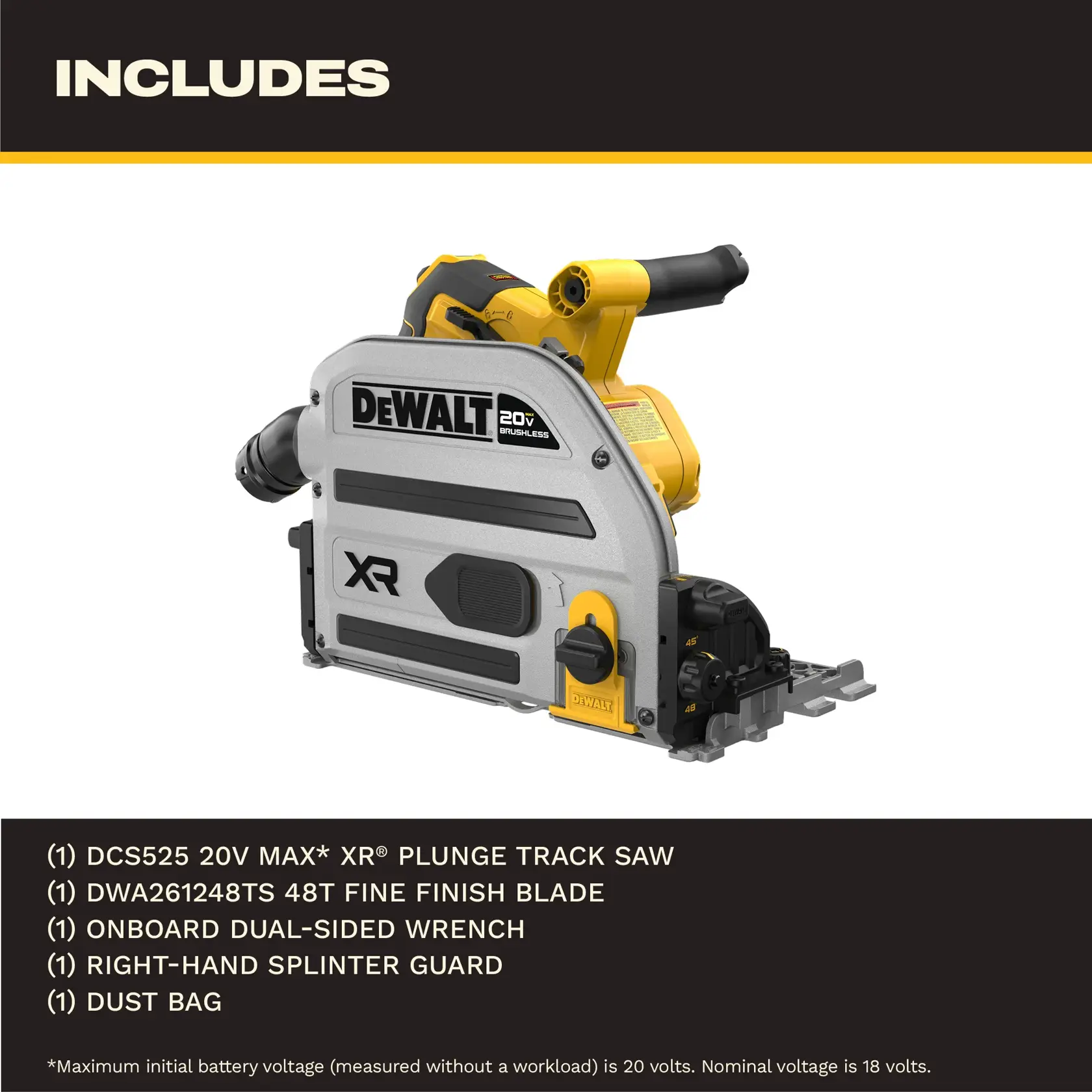 Product image showing the DEWALT 20V MAX XR brushless track saw (SKU: DCS525B) with labeled features. Highlights include Perform Protect kickback brake, onboard wrench for changing blades and connecting tracks, easy depth set adjustment, scribe cut stop for cleaner, splinter-free cuts, and dust capture up to 94% with wireless tool control. The saw has a grey and yellow body with the DEWALT and XR logos visible.