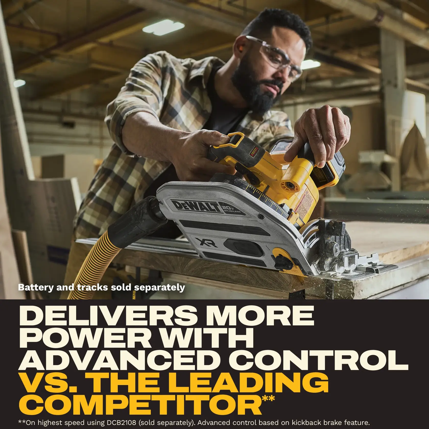 Close-up image of a DEWALT 20V brushless plunge track saw being held by a person, with a focus on the handle and safety features. The image includes a 'Perform Protect Kickback Brake' badge. Text at the bottom explains that the saw is equipped with the DEWALT Kickback Brake system, which quickly shuts off the saw when a pinch, stall, or bind up is detected. Battery and tracks are sold separately.
