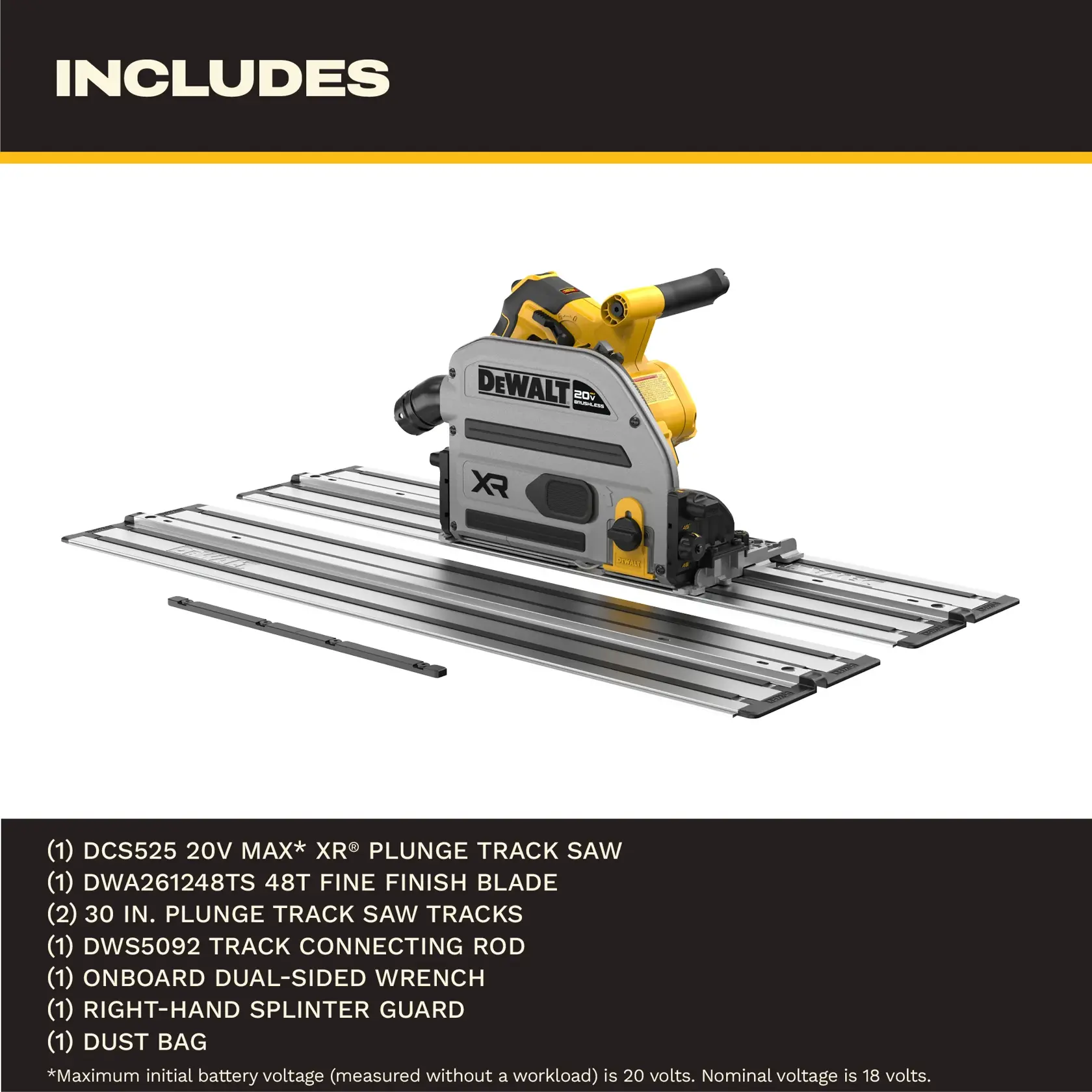 DEWALT 20V MAX XR plunge track saw set, including the saw, two metal track guides, connecting rod, dual-sided wrench, right-hand splinter guard, fine finish blade, and dust bag, displayed on a white background with a list of included accessories below.