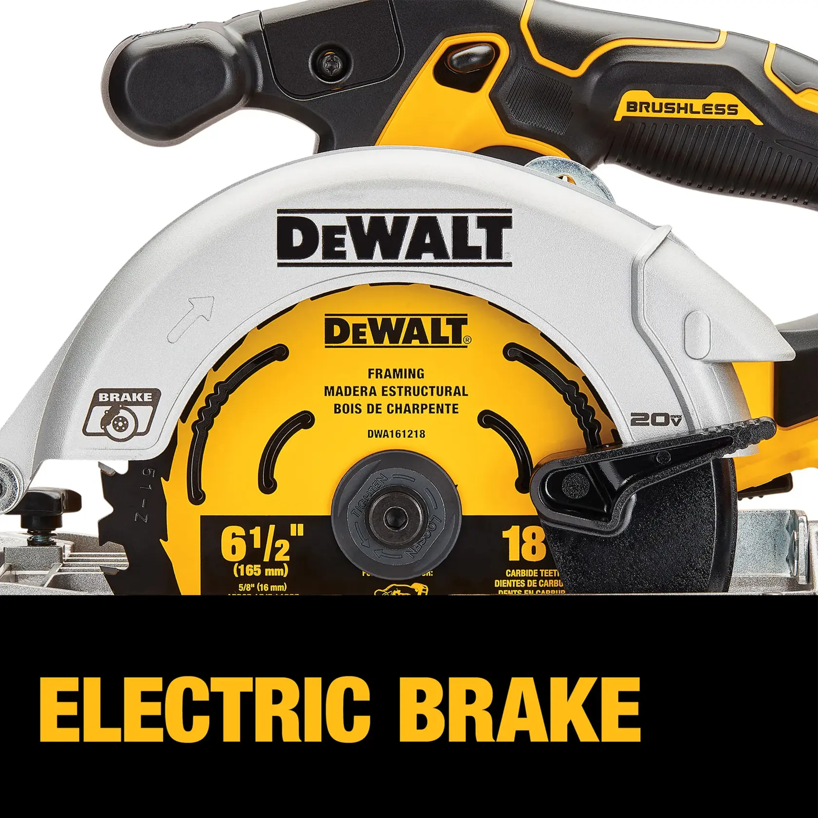 Close-up of a DEWALT cordless circular saw featuring a brushless motor and an electric brake. The blade is labeled for framing, and the tool displays specifications for blade size and teeth count. The text 'ELECTRIC BRAKE' is shown in bold below the saw.
