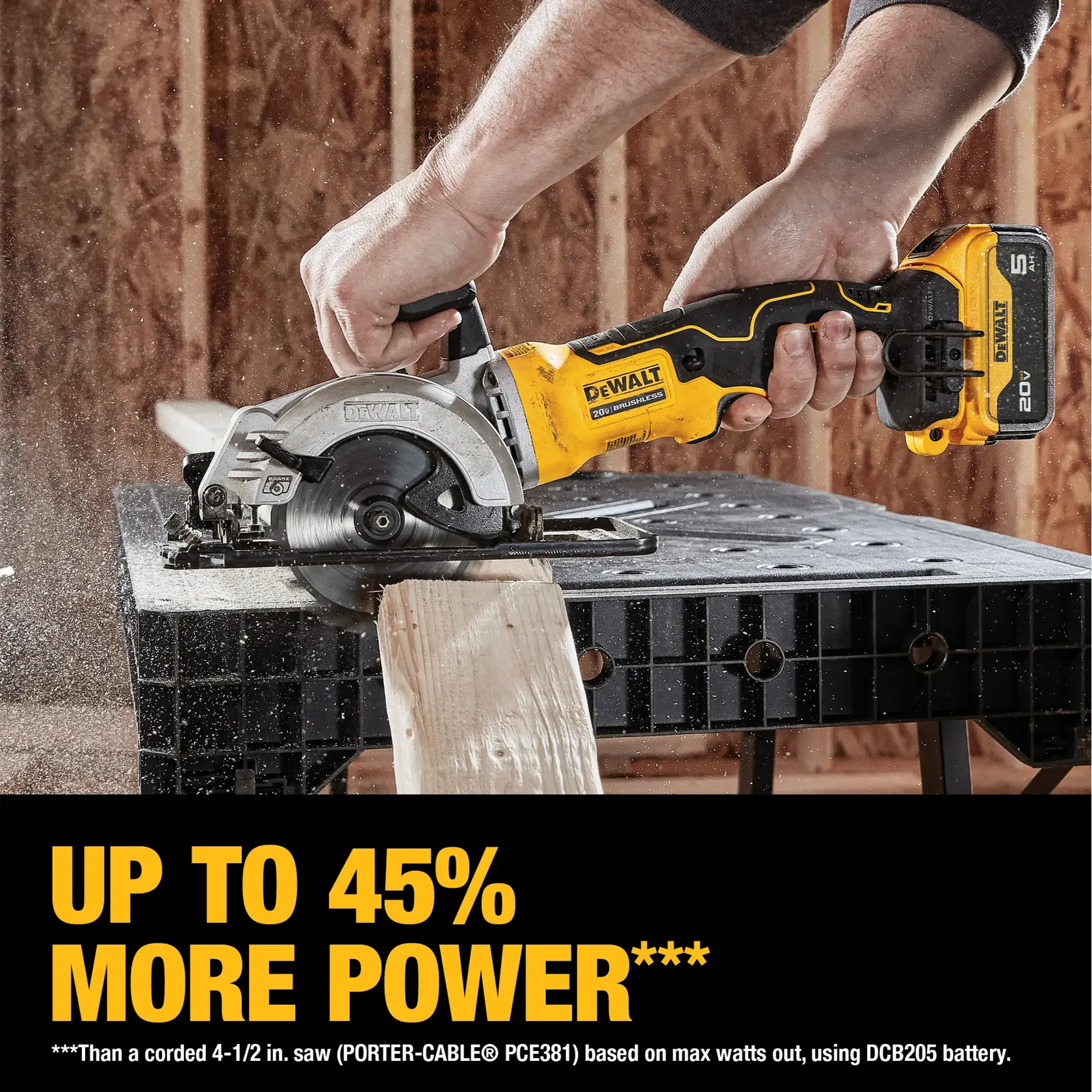 A person uses a DEWALT DCS571P1 cordless circular saw, cutting a piece of wood on a workbench. The saw is highlighted for offering up to 45% more power compared to a corded 4-1/2 inch saw, with text on the image emphasizing this feature.