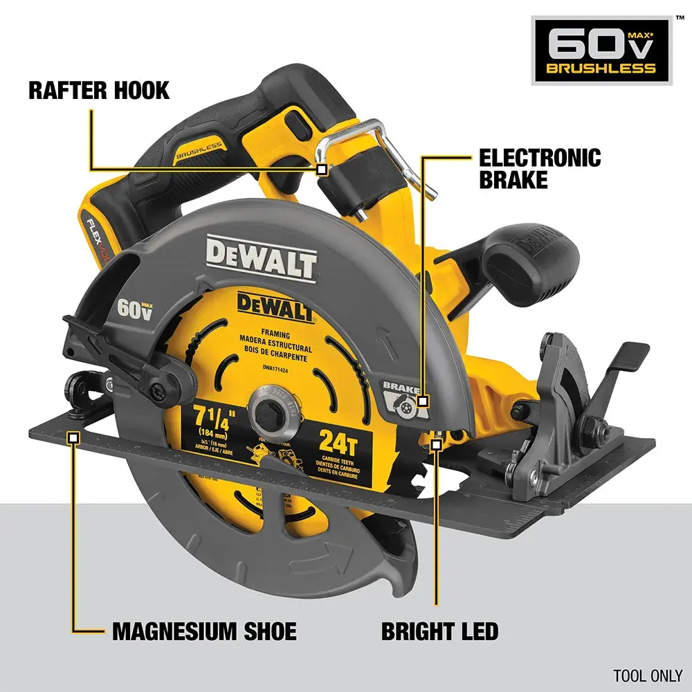 FLEXVOLT brushless cordless circular saw with brake in action.