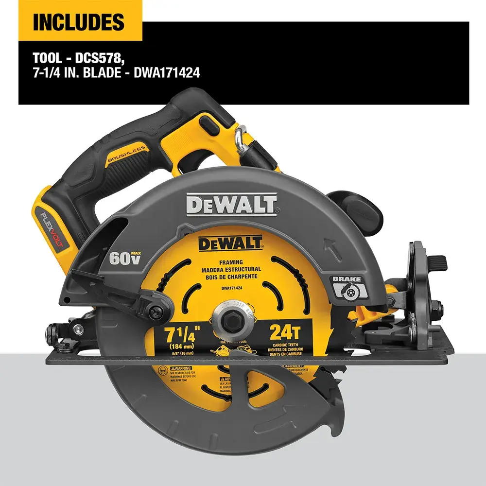 FLEXVOLT brushless cordless circular saw with brake cutting wood at an angle.