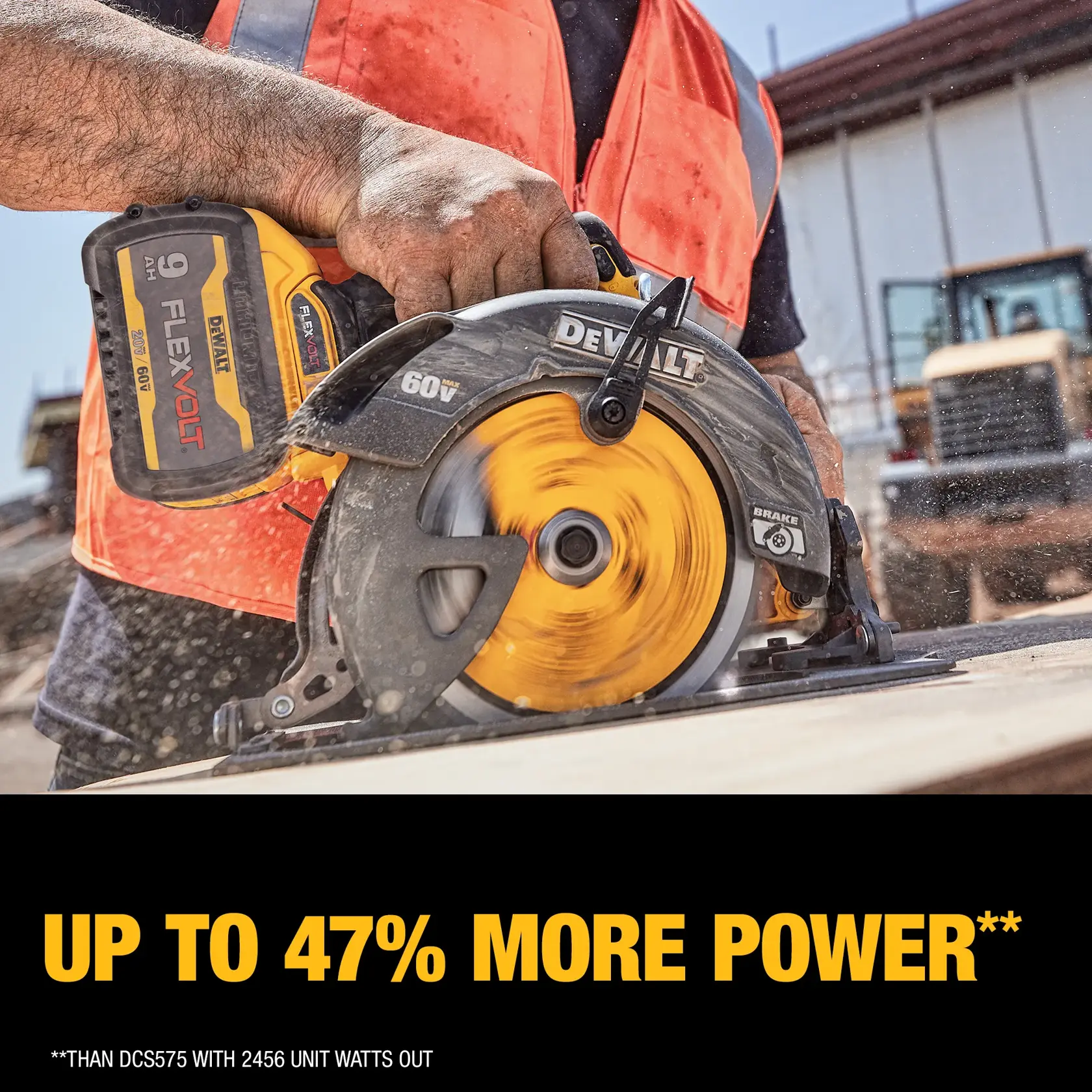 FLEXVOLT brushless cordless circular saw with brake kit being used by person on wood.