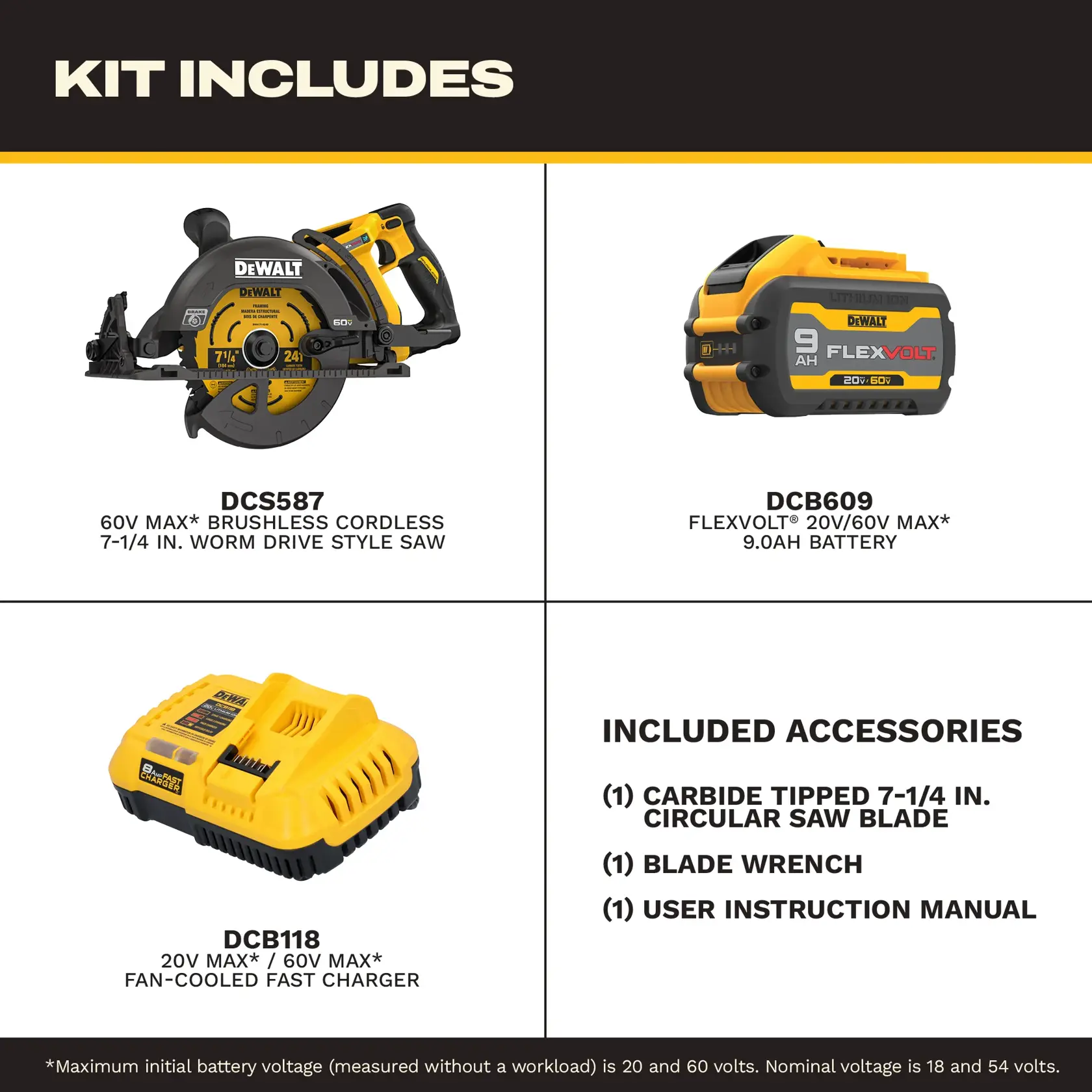 Product kit includes a DEWALT DCS587 60V MAX brushless cordless 7-1/4 inch worm drive style saw, a DCB609 FLEXVOLT 20V/60V MAX 9.0Ah battery, a DCB118 20V MAX/60V MAX fan-cooled fast charger, and accessories: one carbide tipped 7-1/4 inch circular saw blade, one blade wrench, and one user instruction manual.