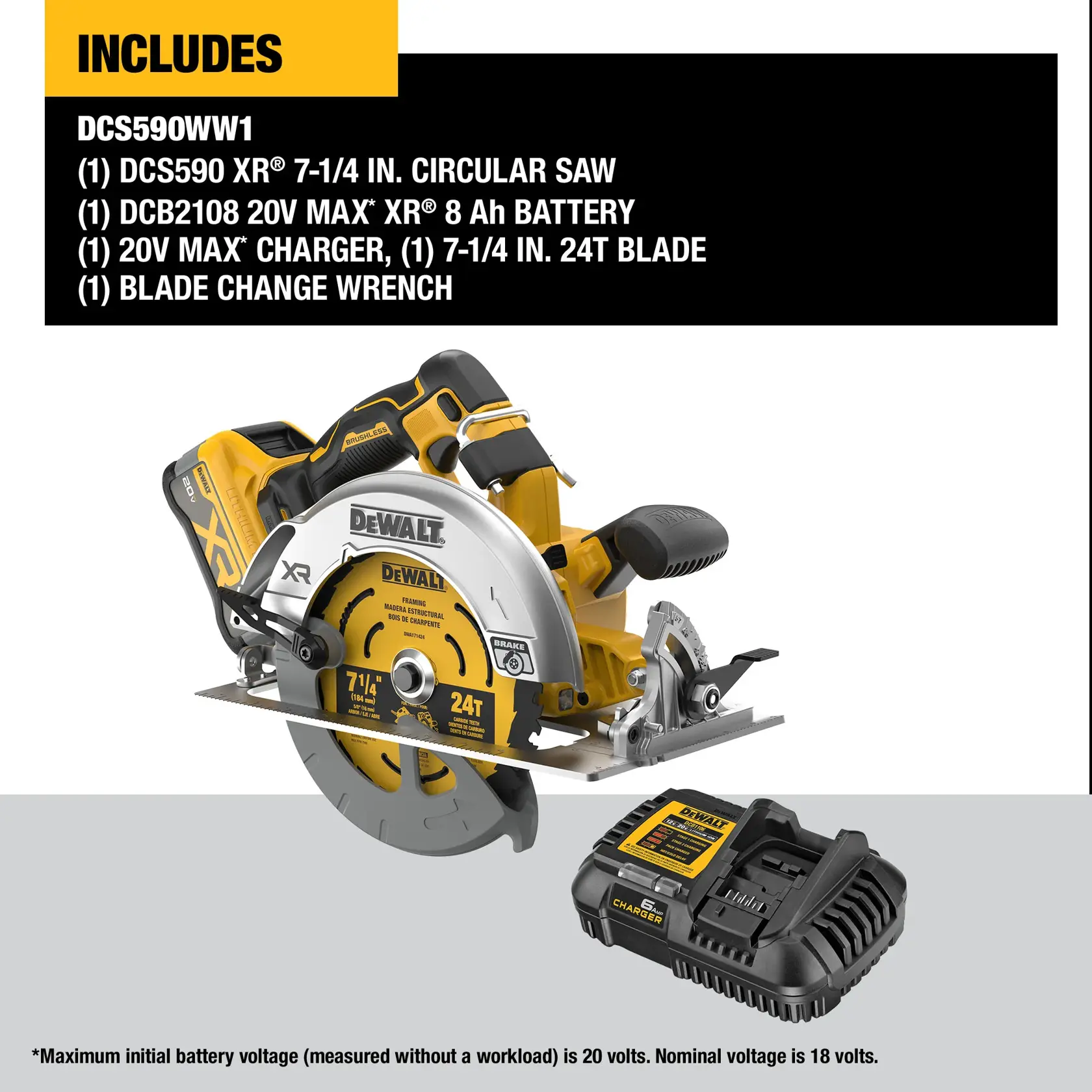 User using the DCS590 XR circular saw to perform a wood cutting application  with the XR POWERPACK battery