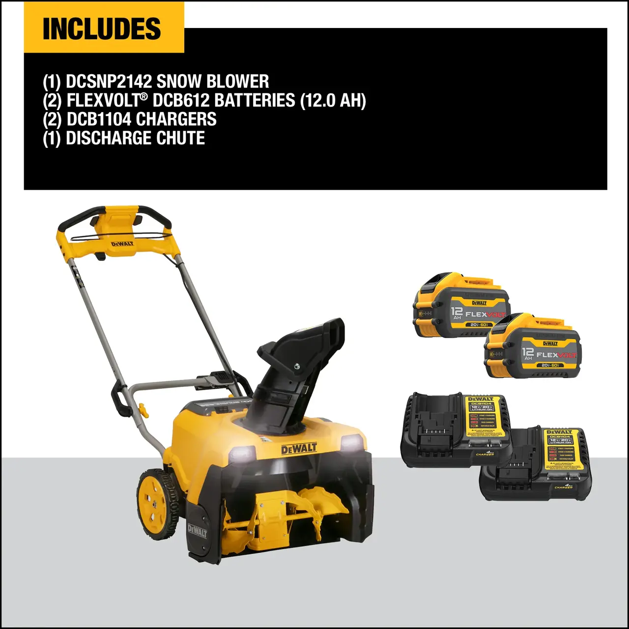 DEWALT manufacturer kit graphic: DCSNP2142 snow blower, two DCB612 FLEXVOLT batteries and two DCB1104 chargers. The pictured 12Ah label is the 20V configuration rating, not 12Ah at 60V MAX.
