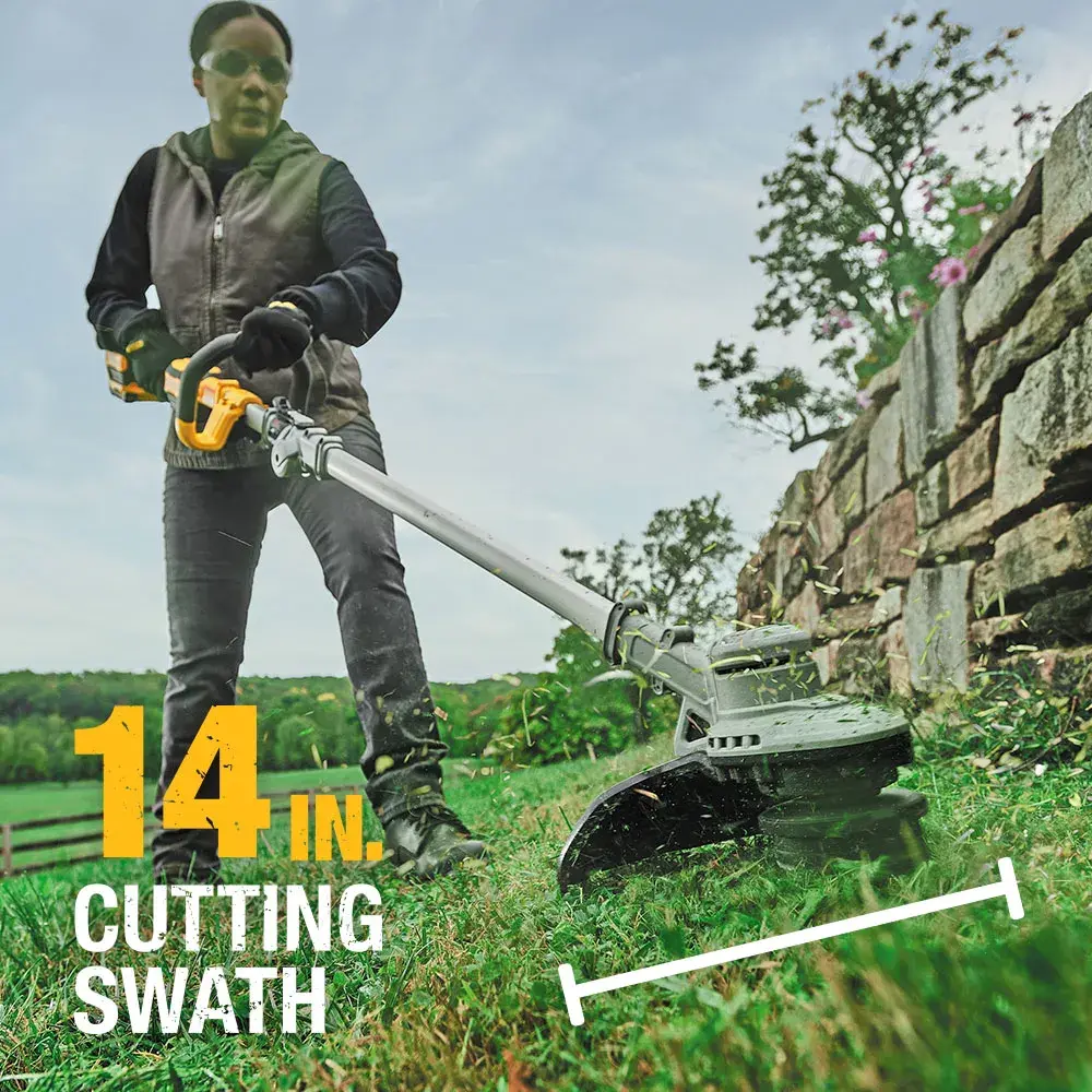 low angle view of Folding String Trimmer being used by a person.
