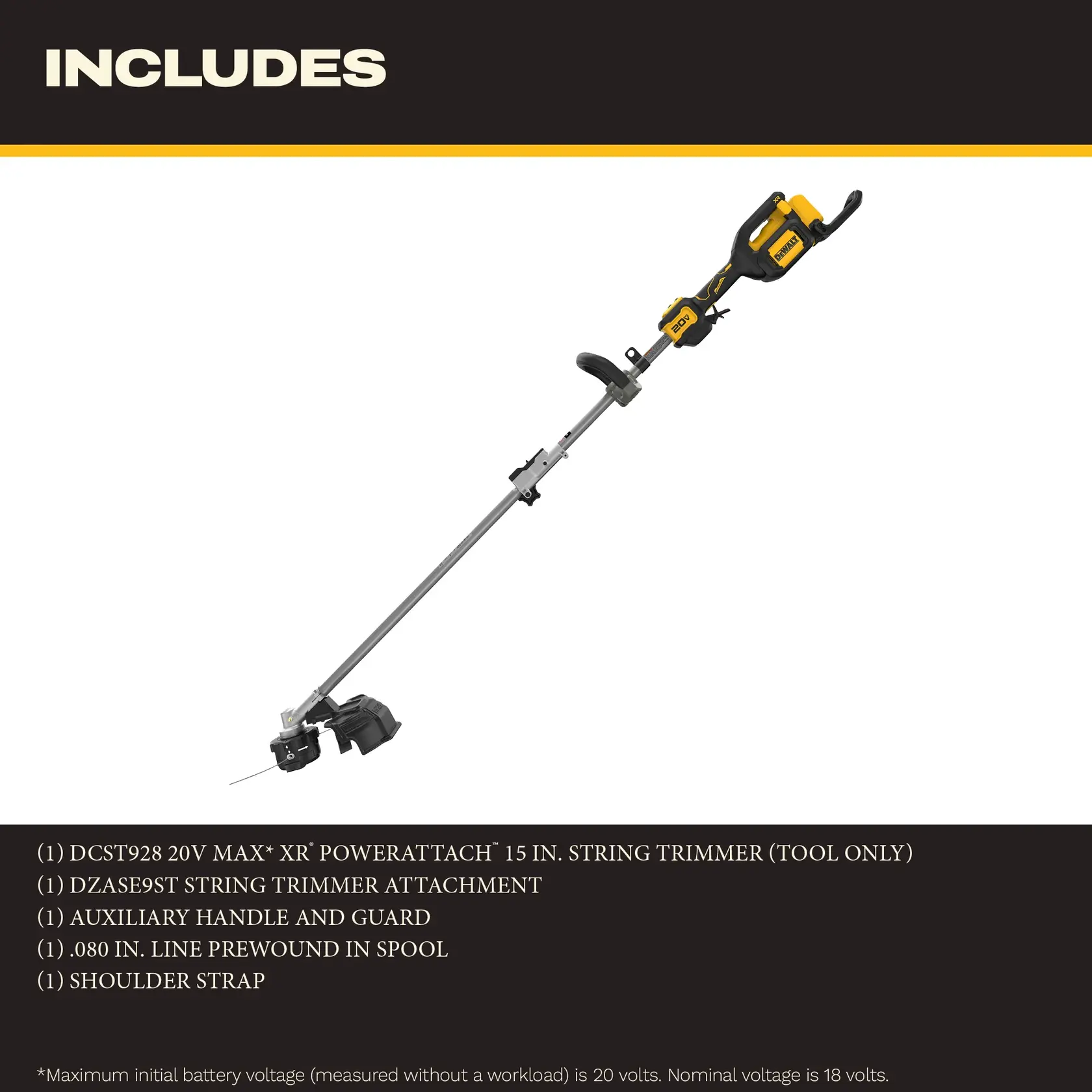 DEWALT 20V MAX XR 15-in string trimmer with handle, guard, spool, strap, and trimmer attachment.