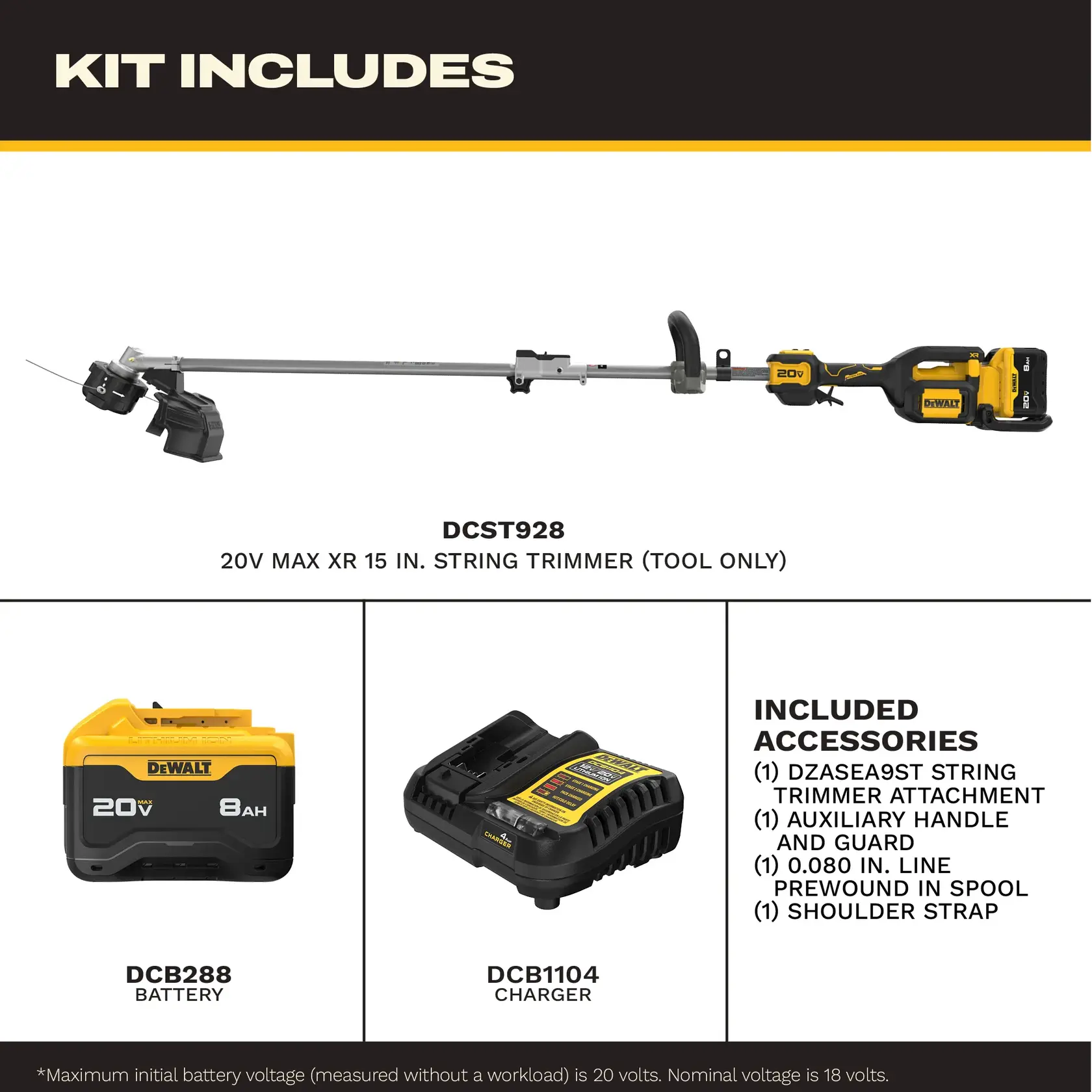 DEWALT 20V Max XR 15 in. string trimmer kit with battery, charger, and accessories shown.