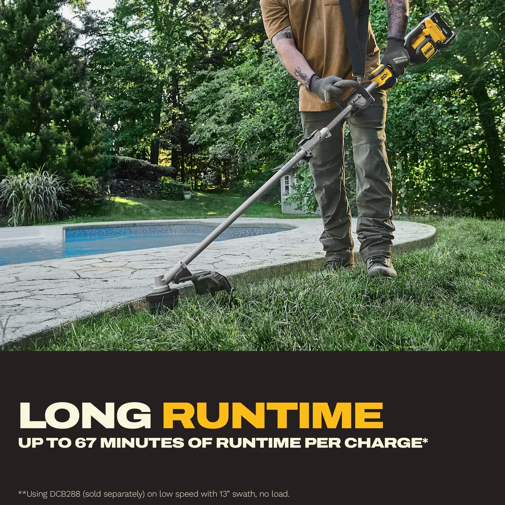 Person uses DEWALT string trimmer near a pool; text highlights 67 minutes of runtime per charge.