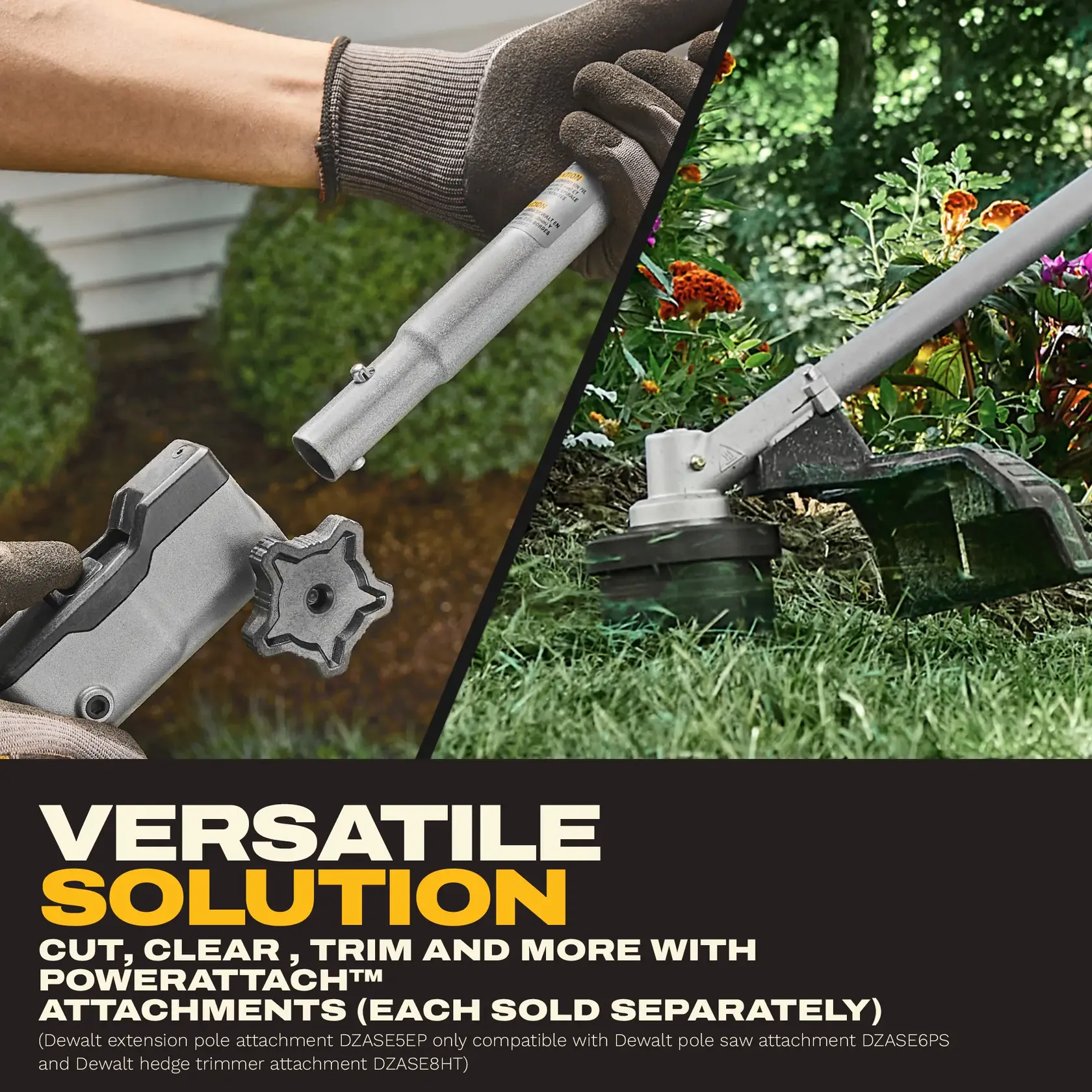 DEWALT Power Attachments shown for cutting, clearing, and trimming outdoor plants, highlighting versatility.