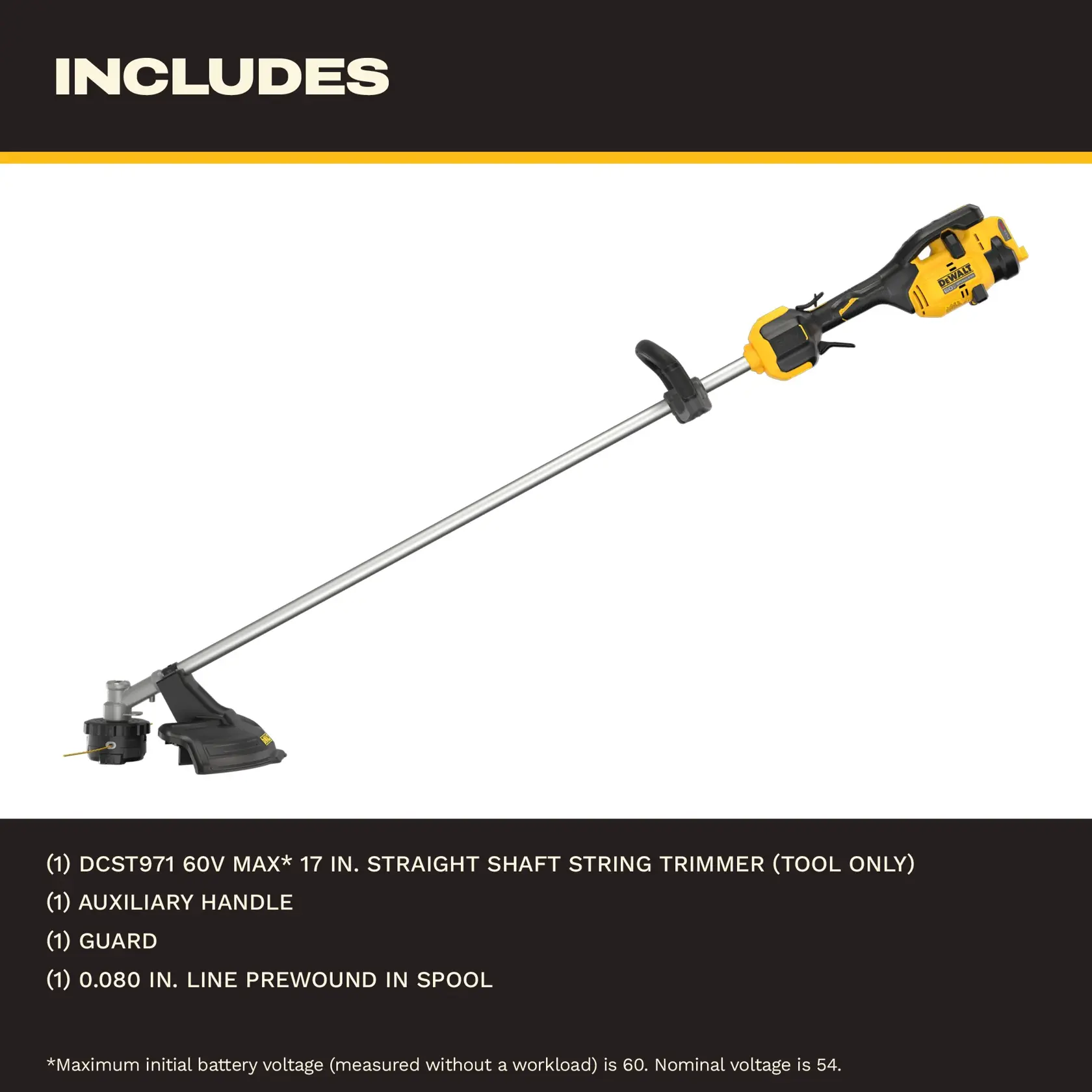 DEWALT 60V MAX 17-inch string trimmer with straight shaft, handle, guard, and spool included.
