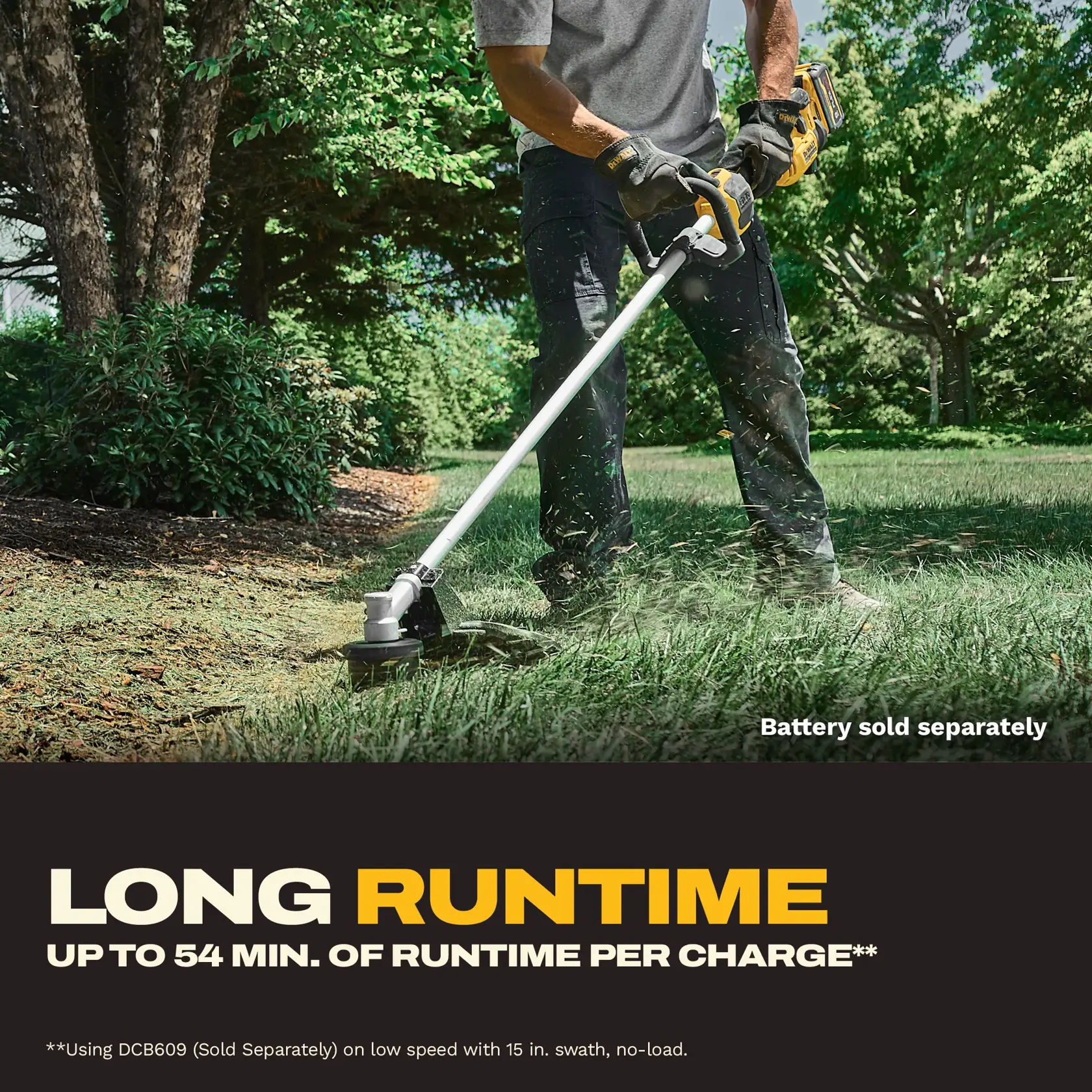 Person uses DEWALT cordless string trimmer outdoors. Text says up to 54 minutes long runtime per charge.