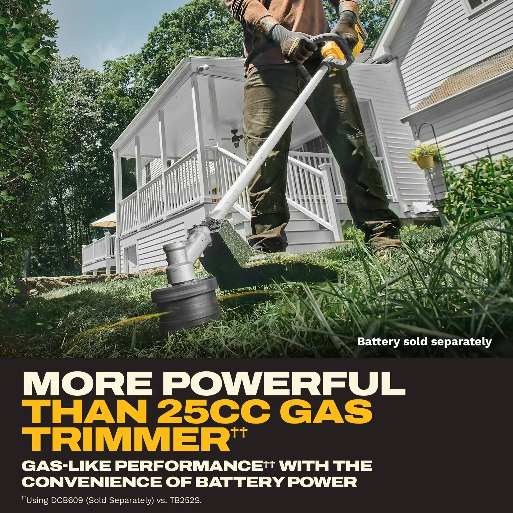 Person using a DEWALT battery-powered trimmer in a yard with house in background. Battery sold separately.