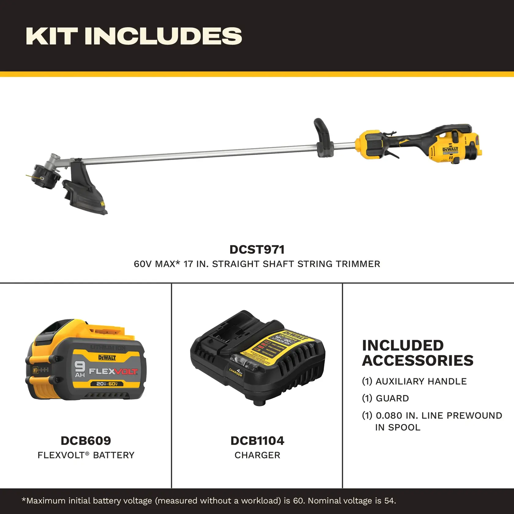 DEWALT 60V string trimmer kit with battery, charger, auxiliary handle, guard, and prewound spool included.