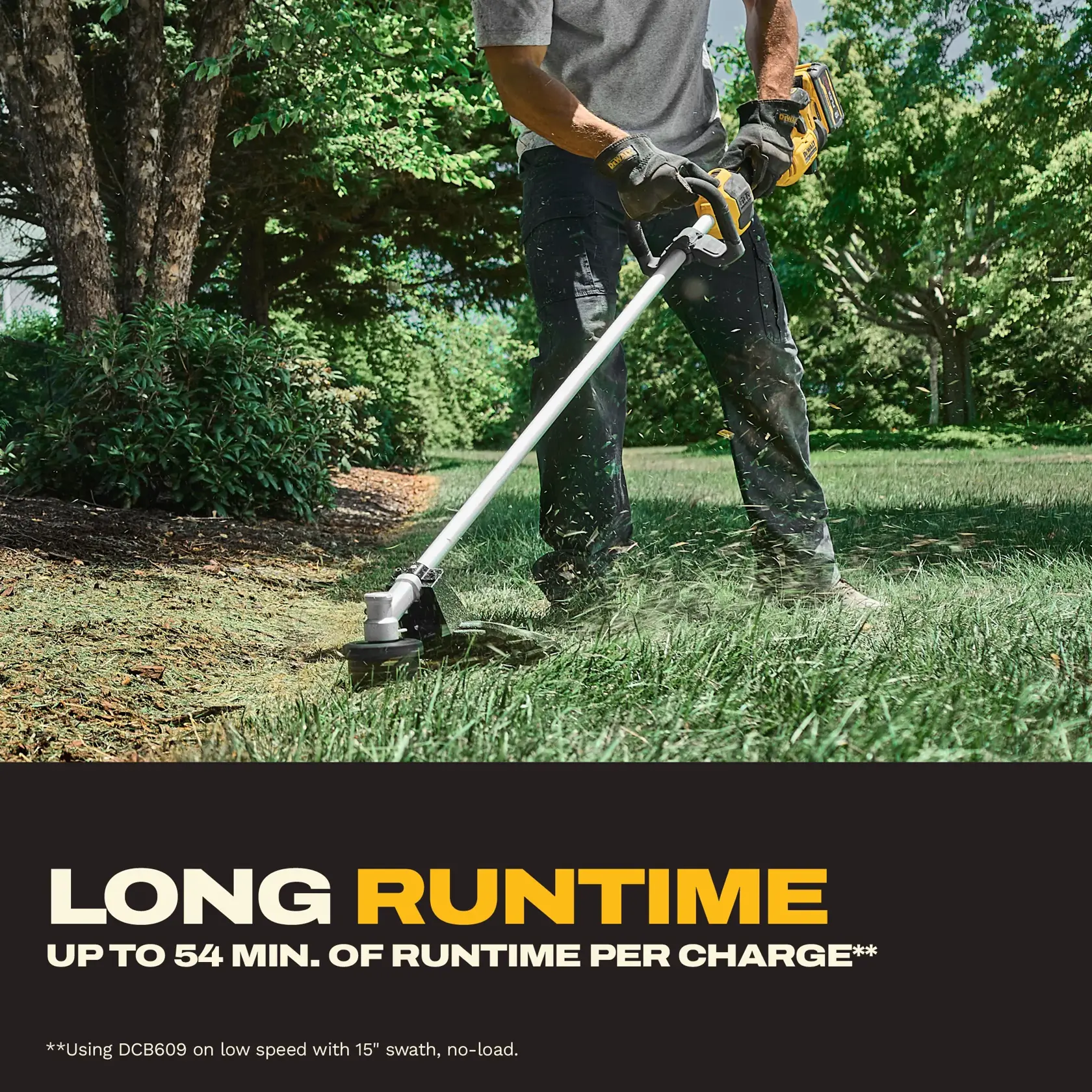 Person using a DEWALT cordless string trimmer on grass, with text: Long runtime, up to 54 minutes per charge.