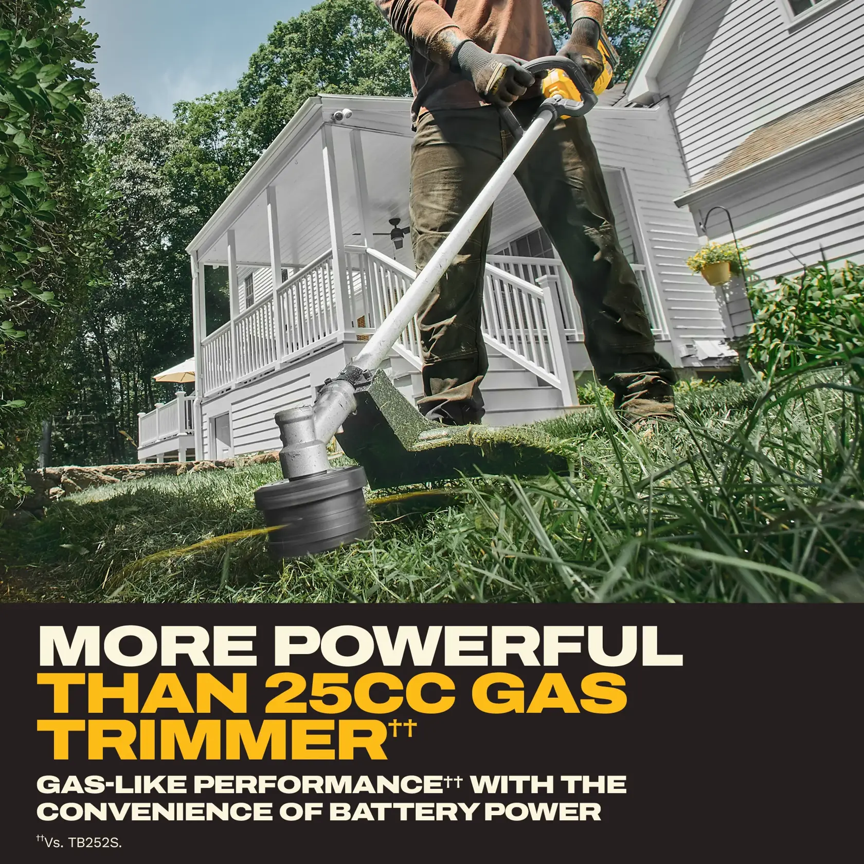 Person uses a DEWALT string trimmer in yard; text advertises higher power than 25cc gas trimmers.