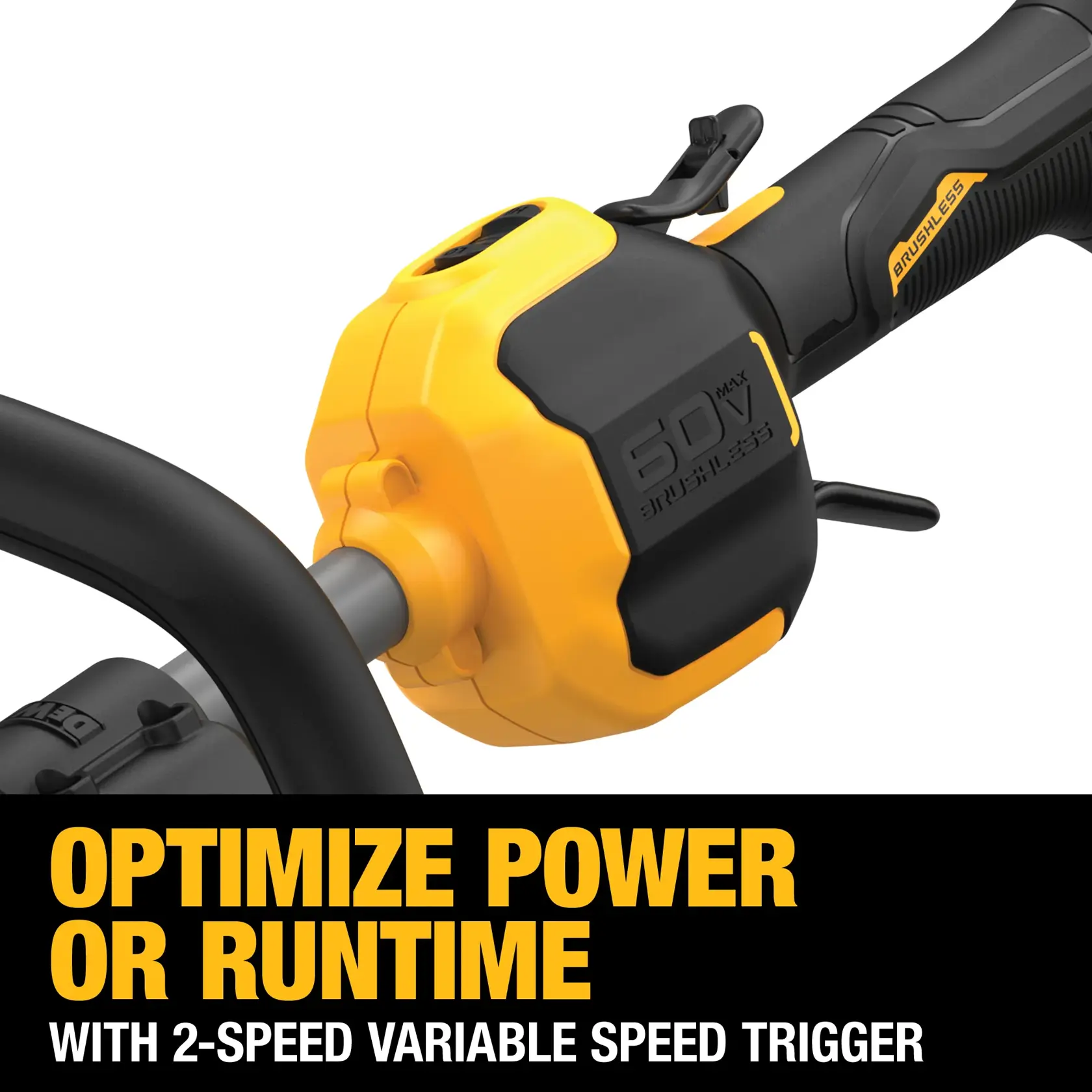 Close-up of a DEWALT 60V MAX brushless power tool handle, highlighting the 2-speed variable speed trigger and ergonomic design. The image includes text promoting optimized power or runtime with the adjustable speed feature.