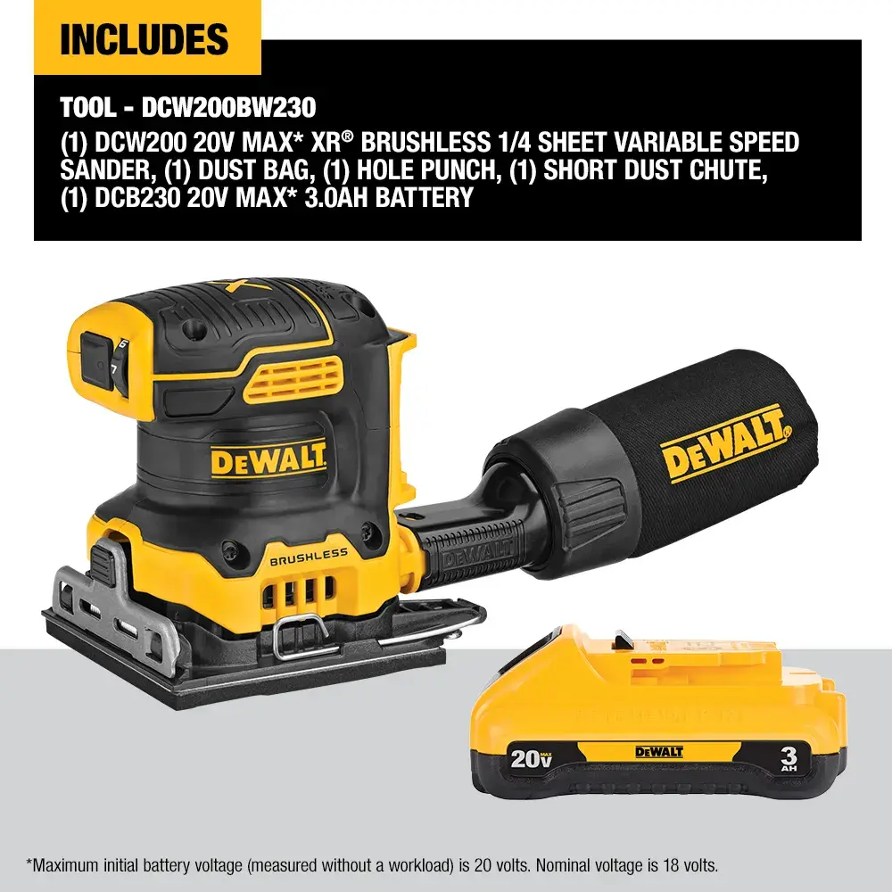 DEWALT 20V MAX XR brushless 1/4 sheet variable speed sander kit, including a sander with dust bag, hole punch, short dust chute, and a 20V MAX 3.0Ah battery. The products are yellow and black and are shown with included accessories.