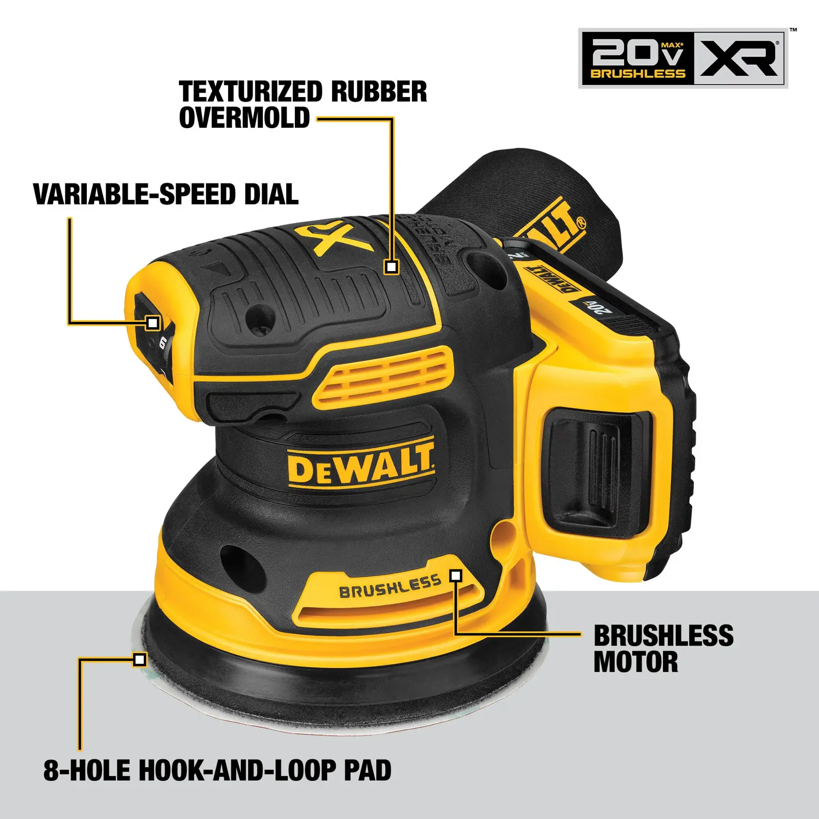 DEWALT® 20V MAX* XR® Brushless 5-in. Cordless Variable-Speed Random Orbital Sander Kit
