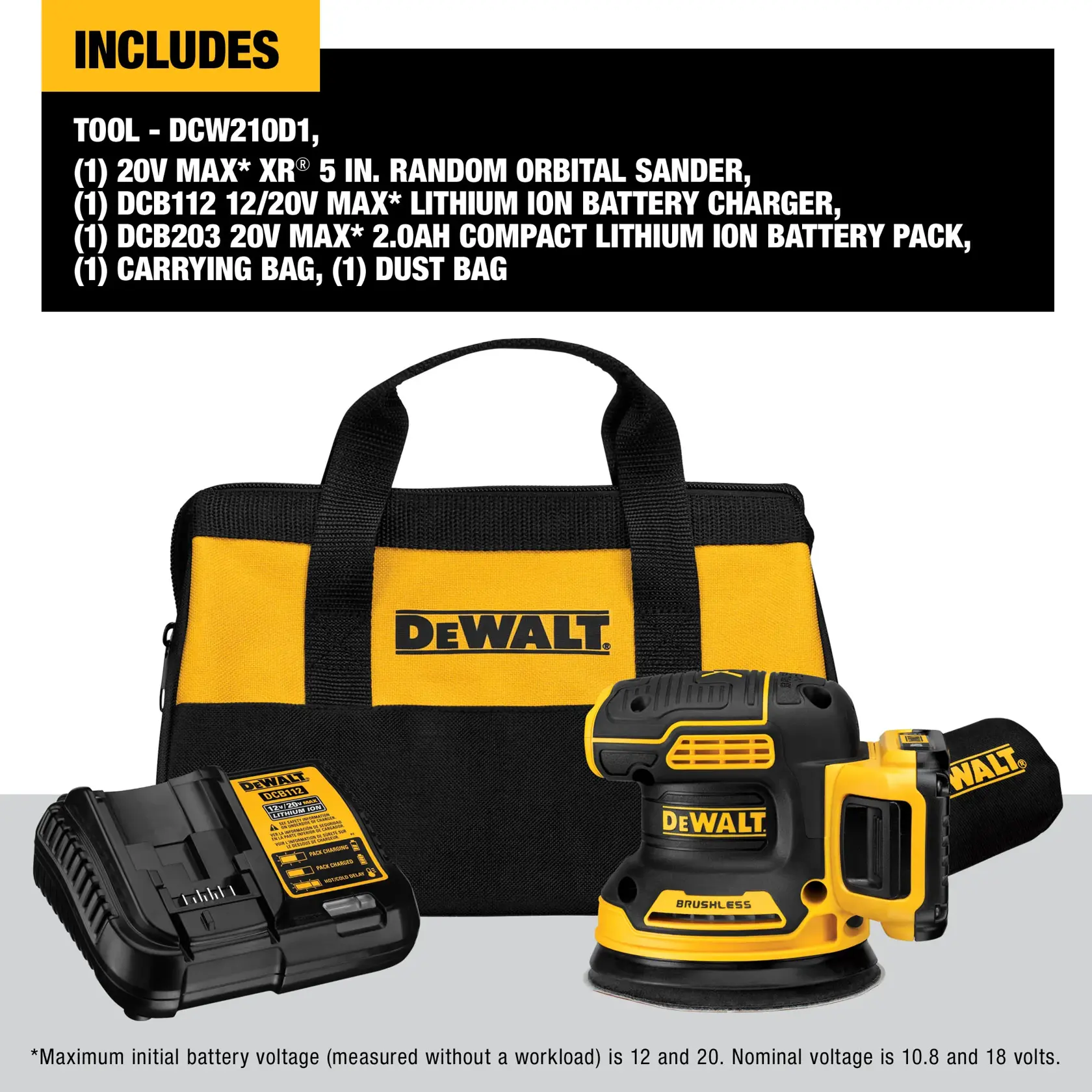 DEWALT® 20V MAX* XR® Brushless 5-in. Cordless Variable-Speed Random Orbital Sander Kit