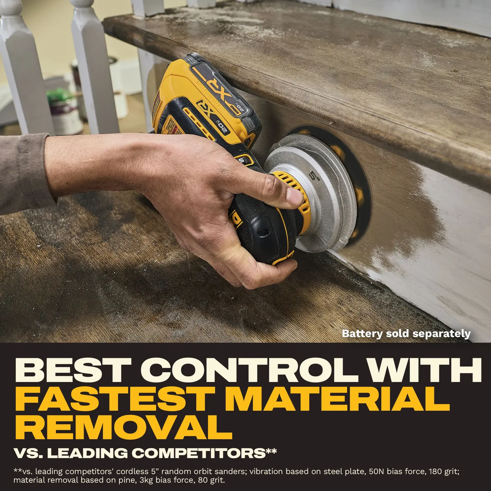 A close-up of a person using a DEWALT cordless random orbit sander to sand a wooden stair. The sander is yellow and black, and the text emphasizes best control and fastest material removal compared to leading competitors. Battery is sold separately.