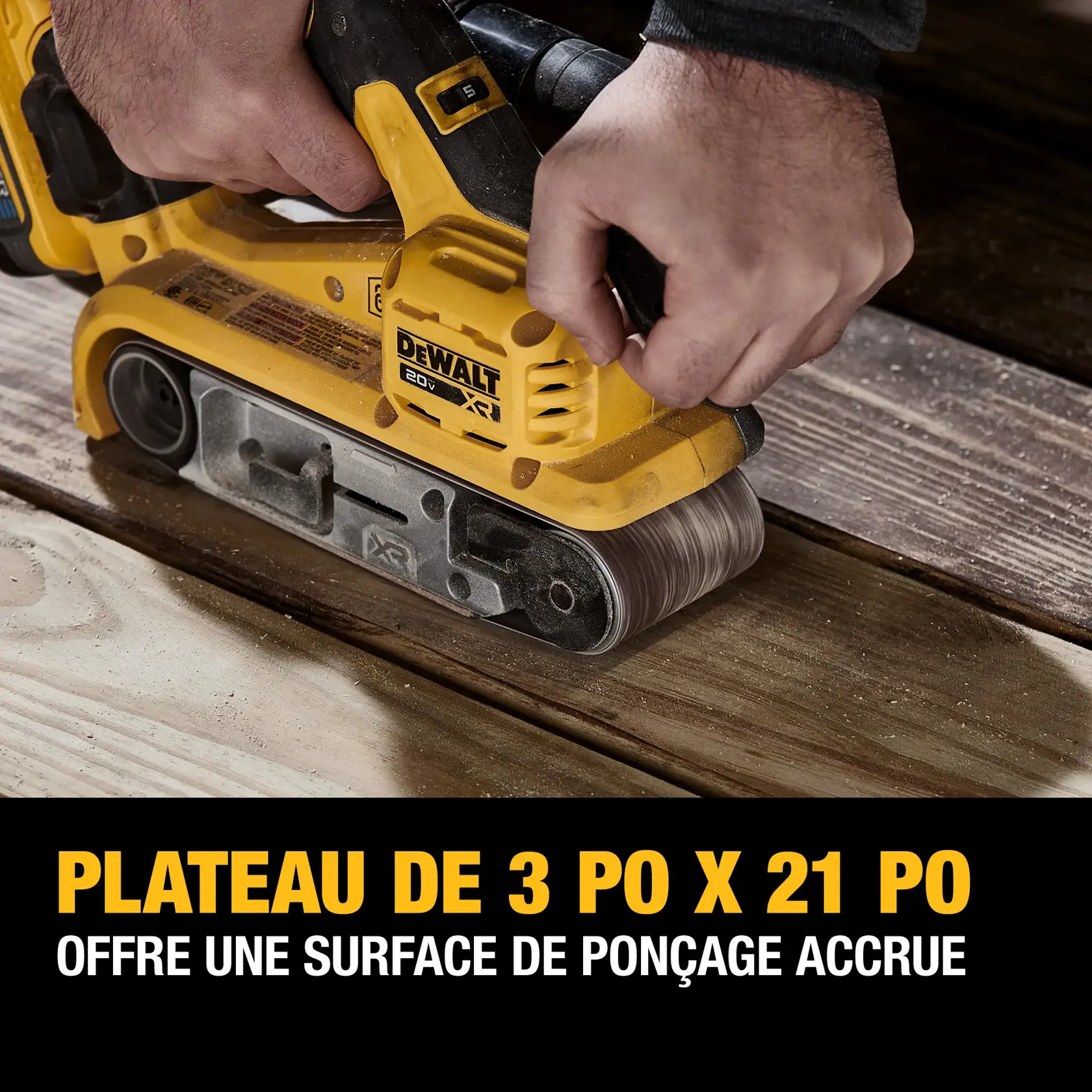 DEWALT cordless belt sander sanding deck boards.