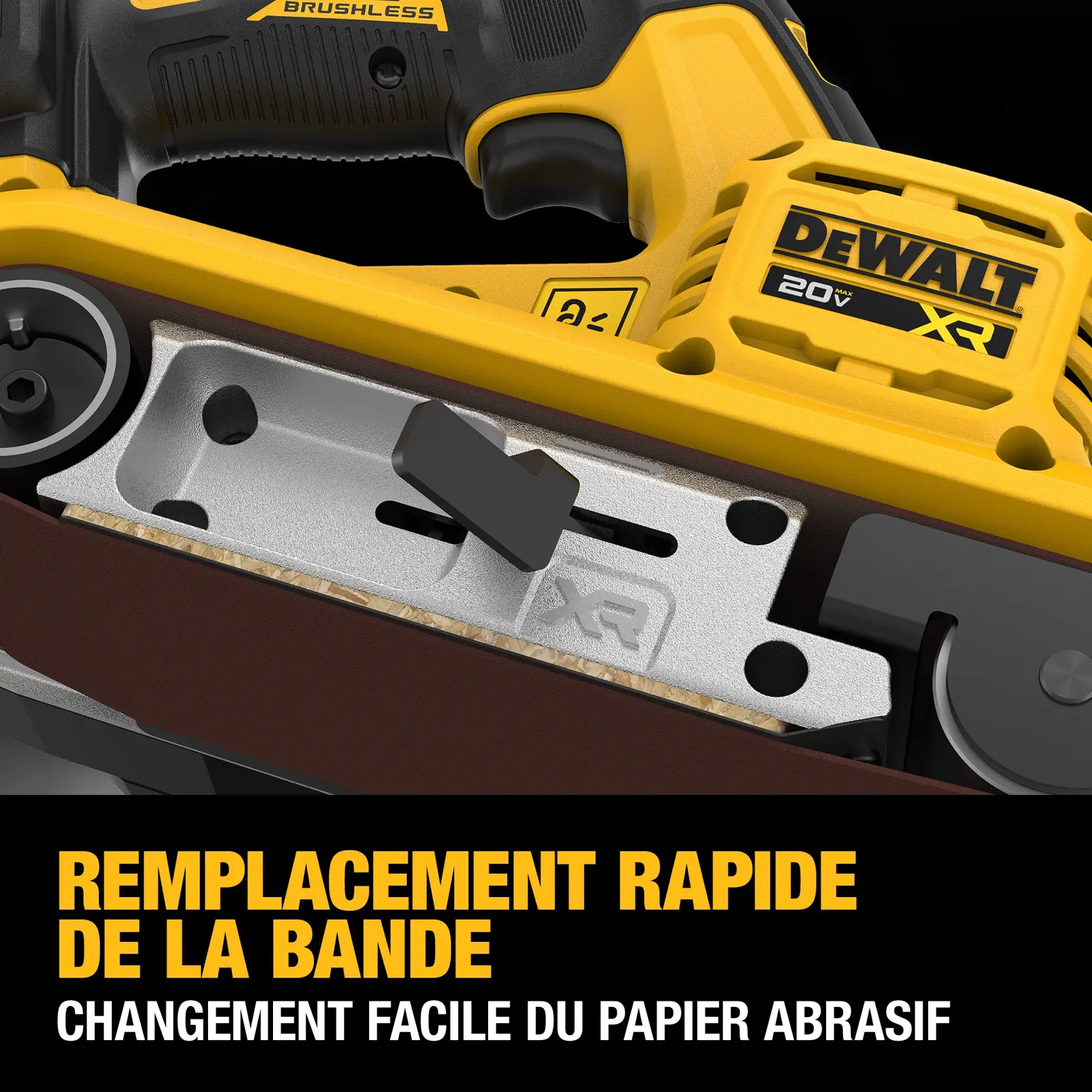 DEWALT cordless belt sander from the side showing its quick-release belt change function.