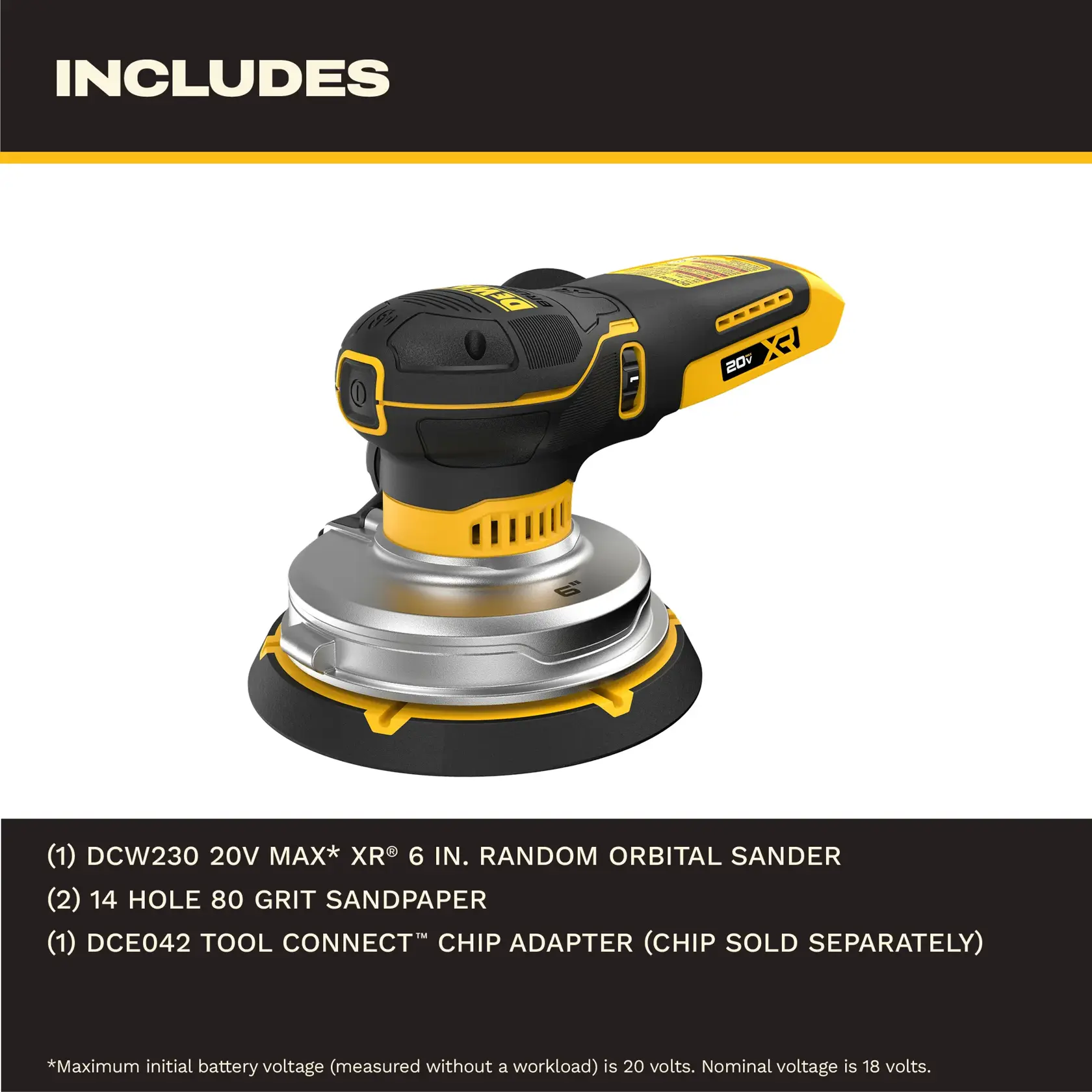 DEWALT 20V MAX XR 6-inch random orbital sander with black and yellow design, shown with included accessories: 14-hole 80 grit sandpaper and DCE042 Tool Connect chip adapter (chip sold separately).