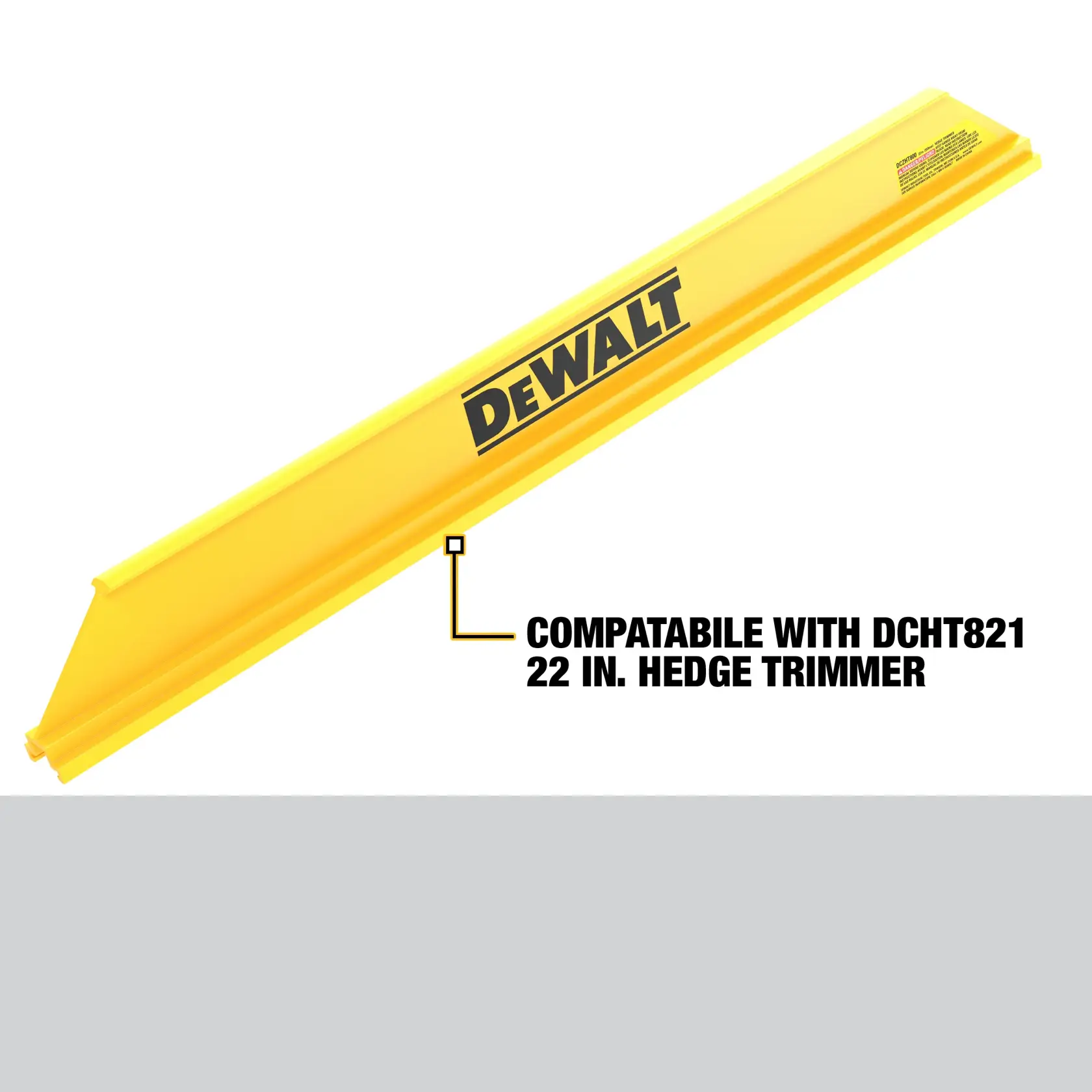 Yellow DEWALT blade cover attachment shown, compatible with DCHT821 22-inch hedge trimmer.