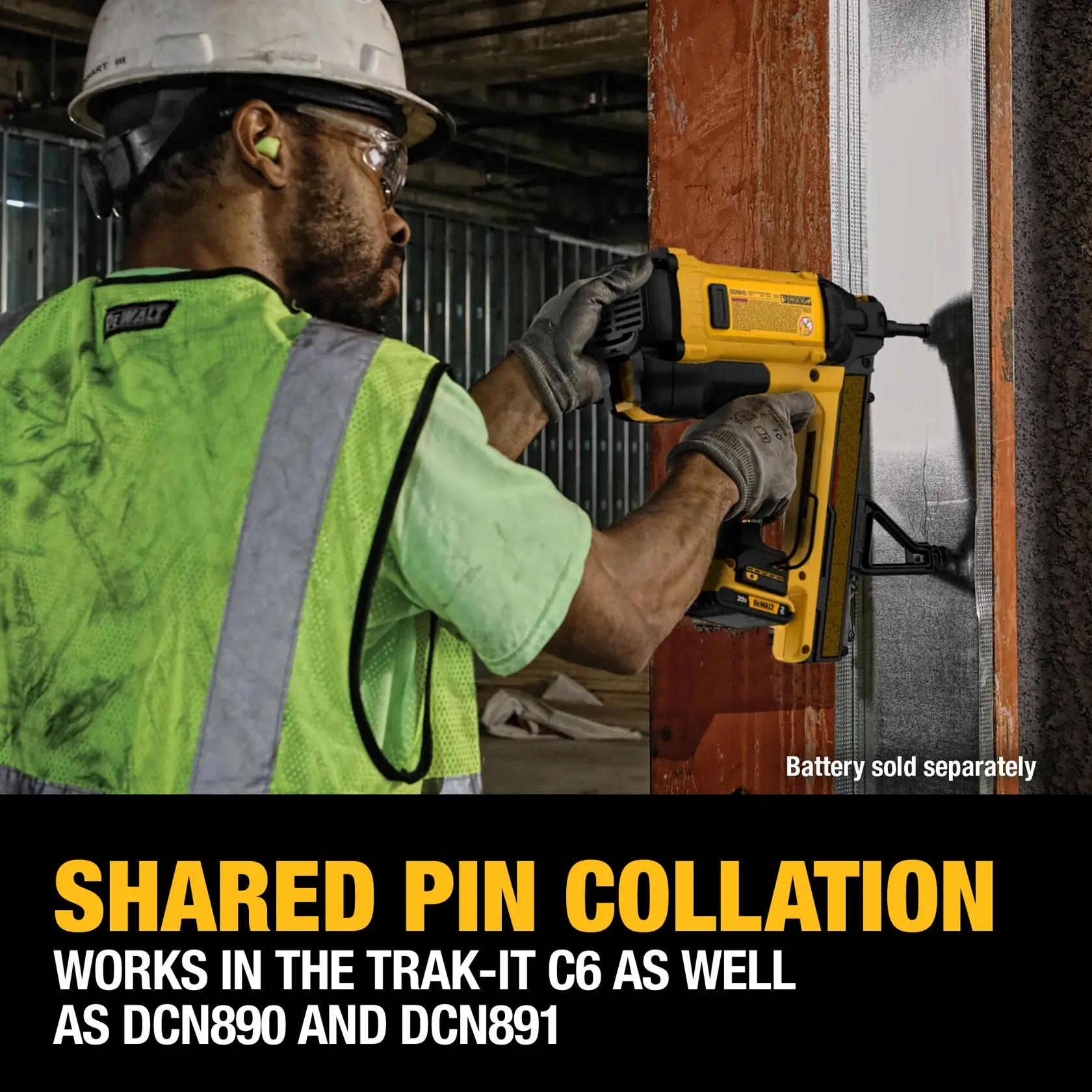 DEWALT 20V MAX* XR® Trak-It® C6 Nailer banner graphic highlighting fastening claim.