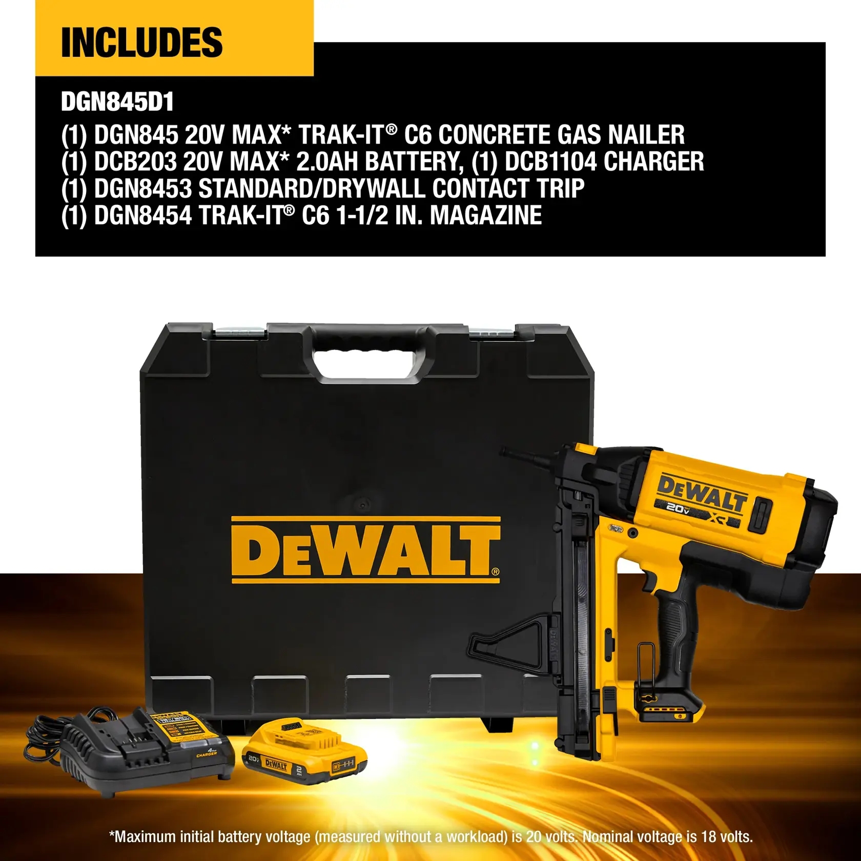 Image showing the DEWALT DGN845D1 20V MAX TRAK-IT C6 Concrete Gas Nailer kit, which includes a concrete gas nailer, a black DEWALT carrying case, a 20V MAX 2.0Ah battery, a charger, a standard/drywall contact trip, and a TRAK-IT C6 1-1/2 inch magazine. All items are arranged with the nailer leaning against the case, and the battery and charger set in the foreground.