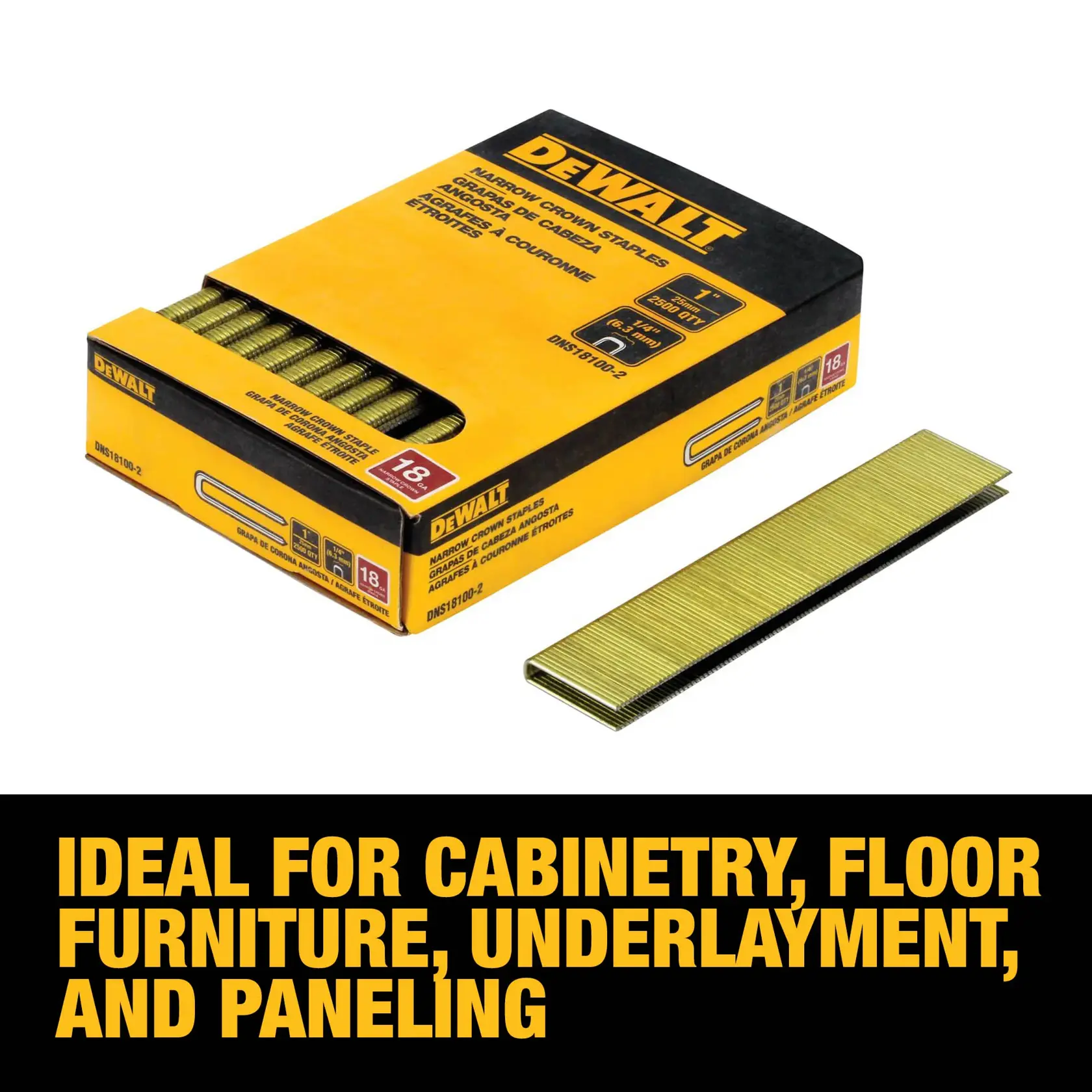 A box of DEWALT narrow crown staples, model DNS18100-2, with a strip of staples placed beside the box. The packaging highlights that these 1-inch, 18 gauge staples are ideal for cabinetry, floor furniture, underlayment, and paneling.