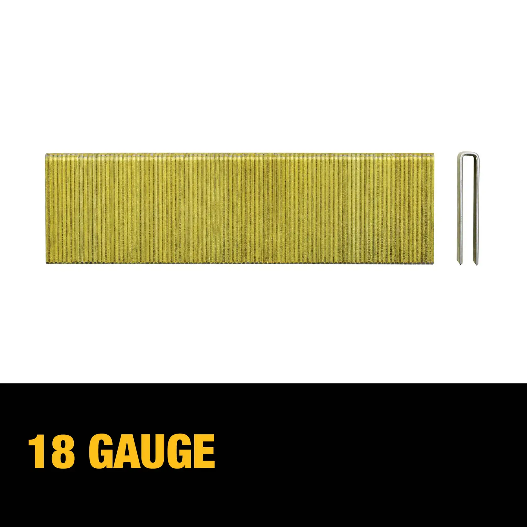 A stack of 18 gauge staples with one staple shown separately, displayed against a white background with '18 GAUGE' written in yellow text below.