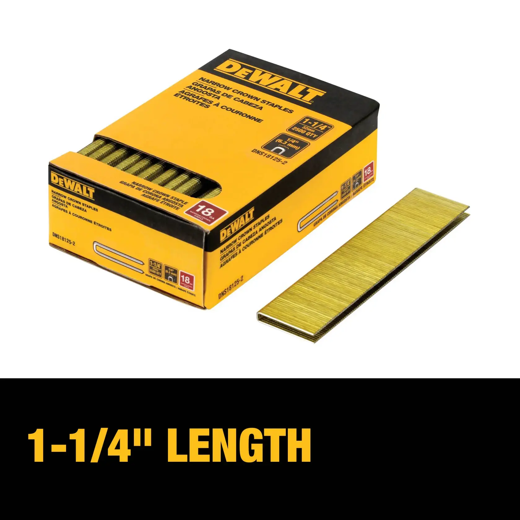 A box of DEWALT narrow crown staples, SKU DNS18125-2, 18 gauge, 1-1/4 inch length, with several strips of staples shown outside the box.