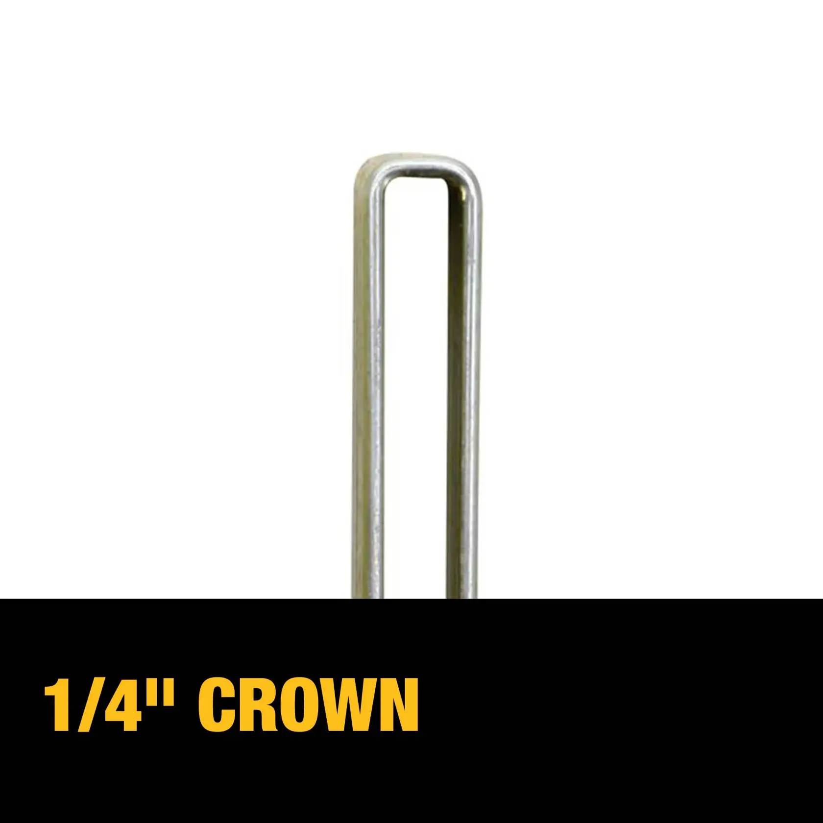 Close-up of a DEWALT metal staple with a 1/4 inch crown, shown with the text '1/4“ CROWN' in bold yellow letters on a black background.