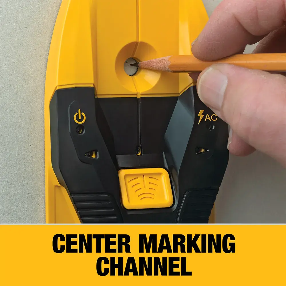 DEWALT stud finder in action at an angle.