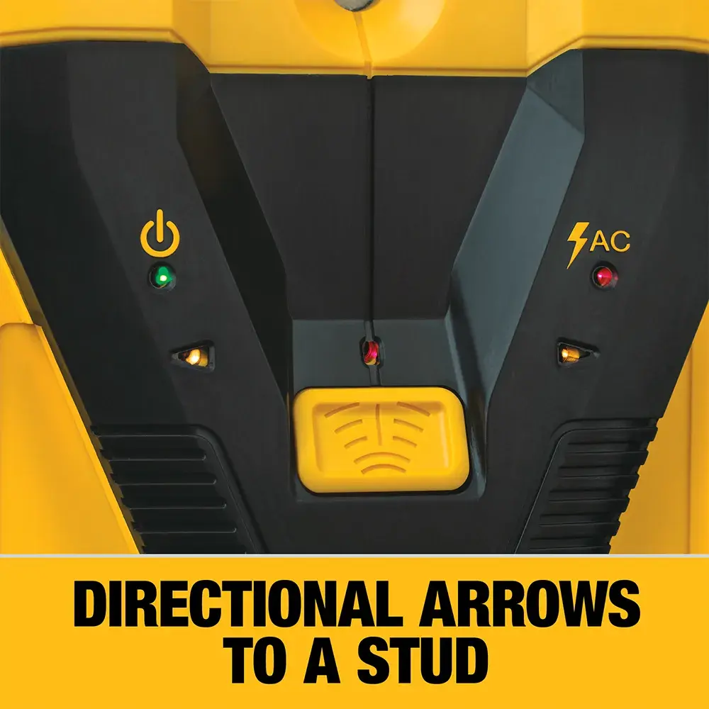 DEWALT stud finder in action against a wall at an angle.