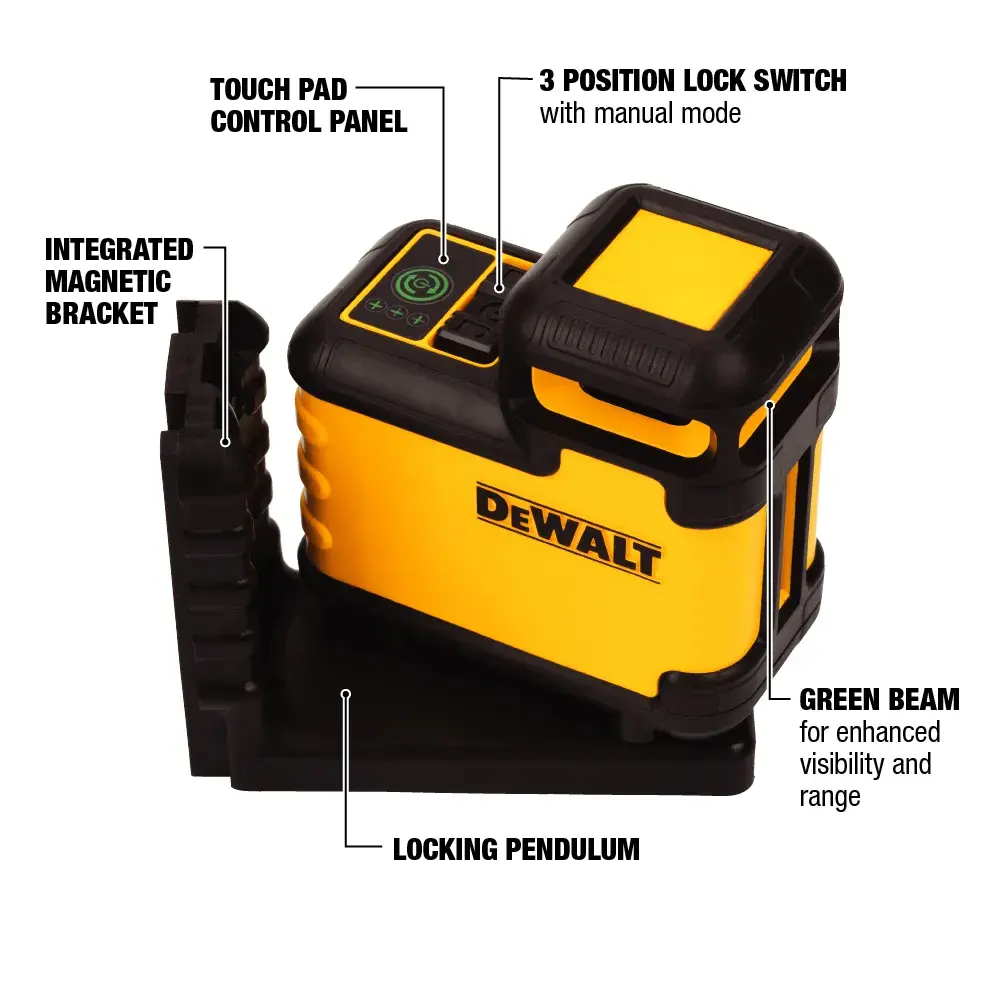 A DEWALT laser level tool is set up on a tripod, projecting a green laser line across a room where a person is installing or adjusting shelves in a cabinet against the wall.