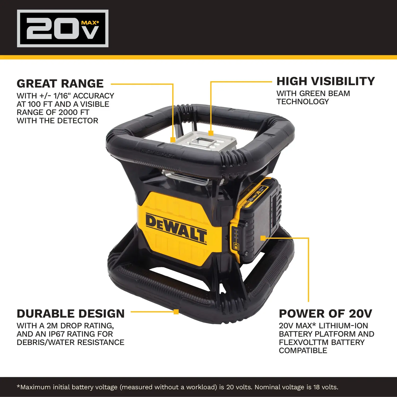 DEWALT DW079LG 20V MAX* Green Rotary Tough Laser F+B
